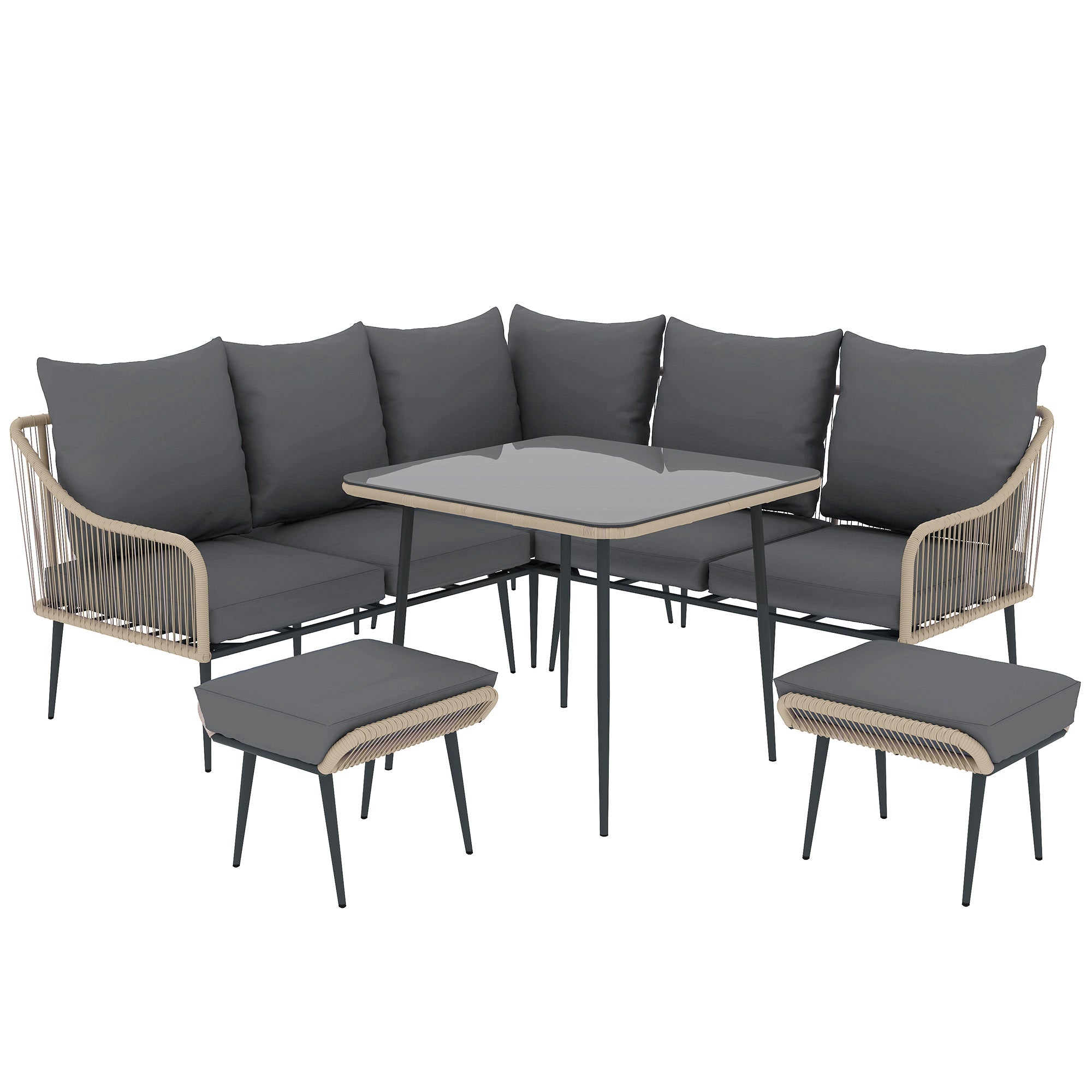Six-Piece Rattan Garden Sofa Set with Cushions - Brown/Grey