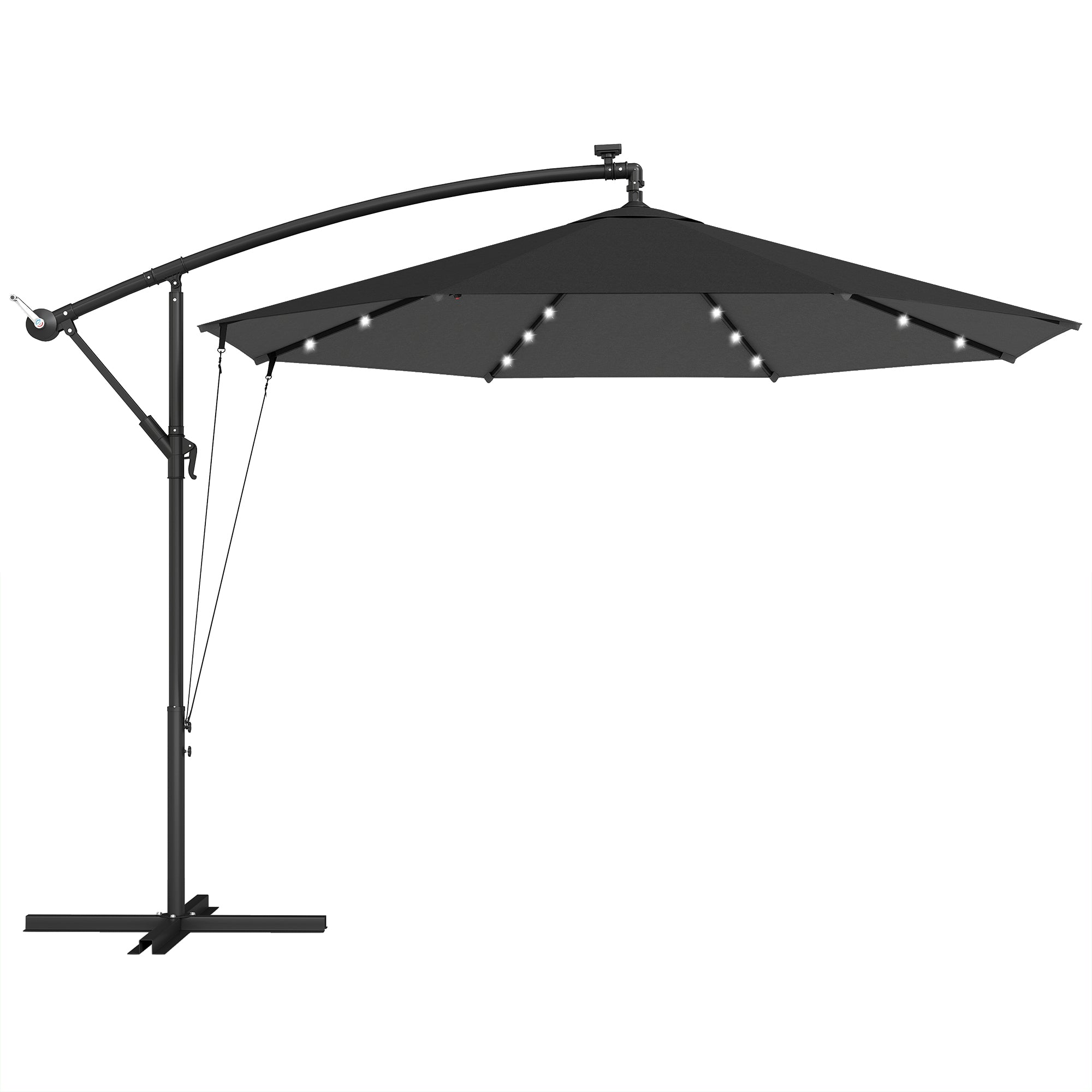 3 m Cantilever Parasol with Solar LED Lights Garden Umbrella with Cross Base, Black