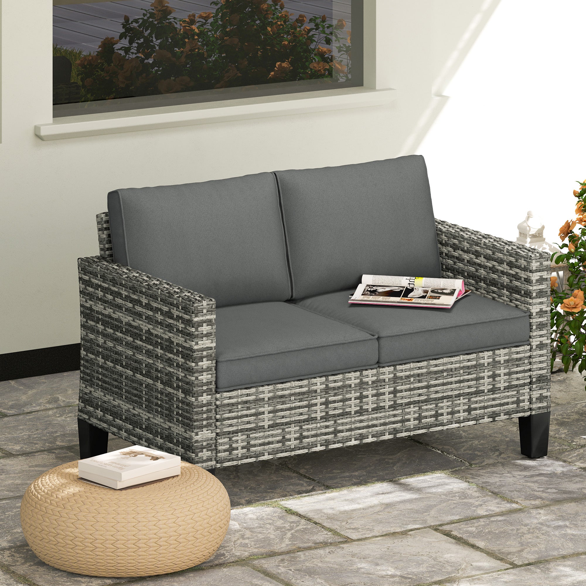Two-Seater Rattan Outdoor Sofa with Cushions - Light Grey
