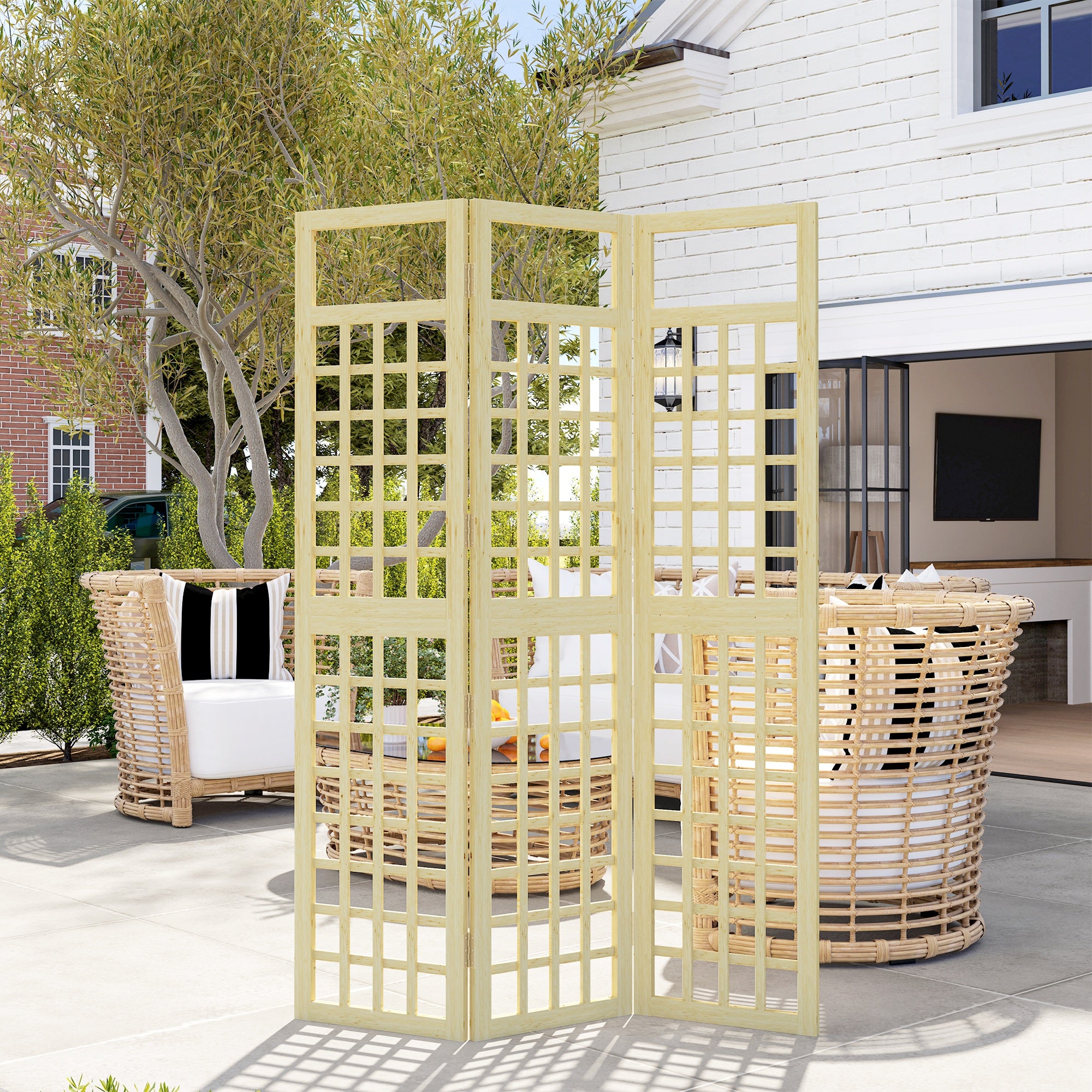 3-Panel Foldable Wooden Garden Privacy Screen 120x170cm - Natural Wood Finish