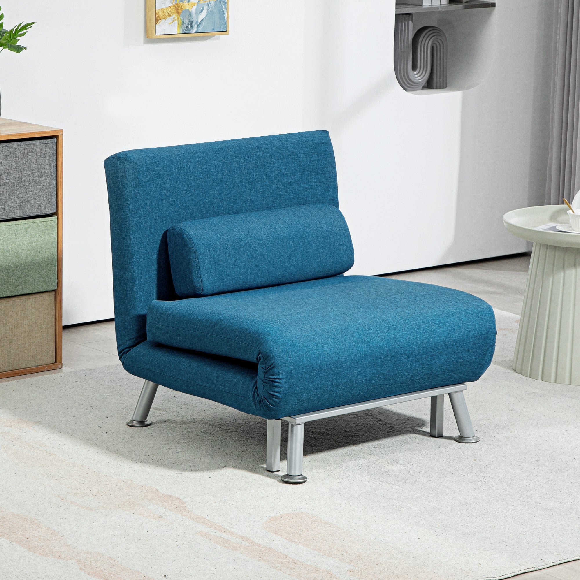 Single Linen-Look Sleeper Chair 3-in-1 with Adjustable Backrest - Blue