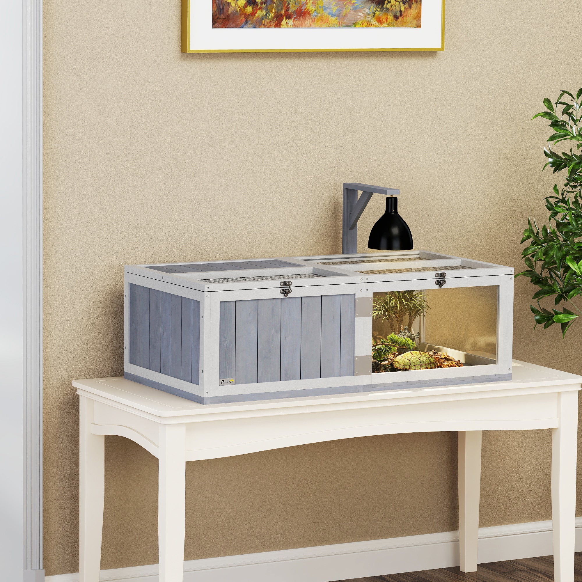Wooden Tortoise House with Lamp Holder, Observation Window & Openable Tops - Light Grey