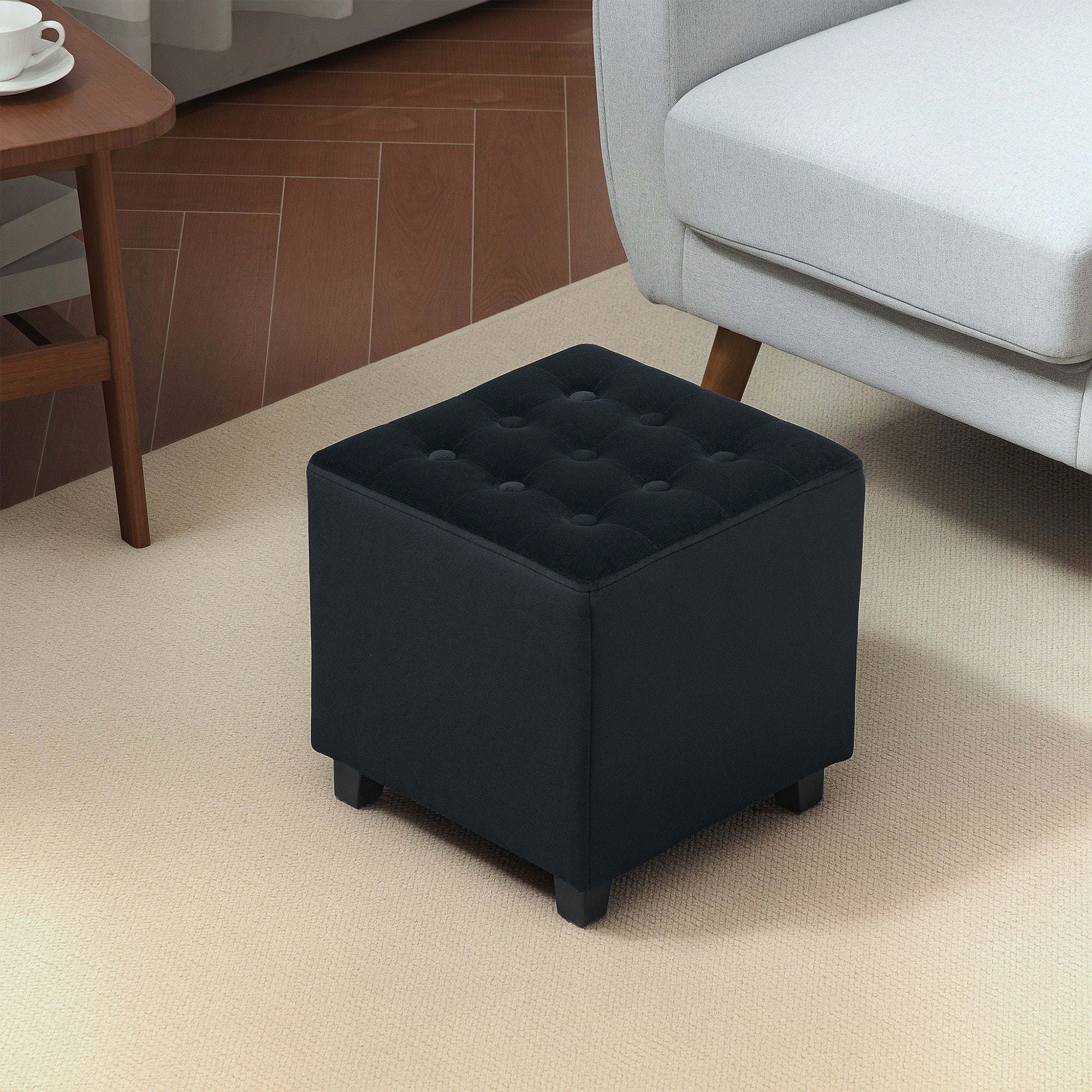 Velvet-Feel Square Ottoman 35x35cm with Button Tufting - Grey
