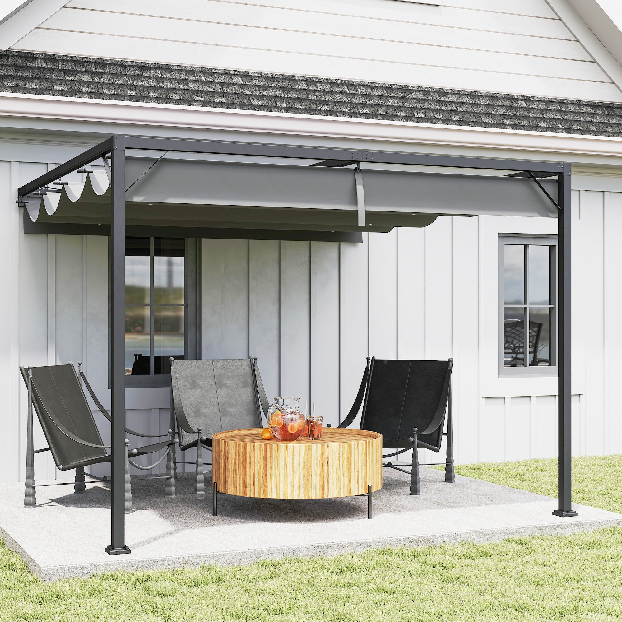 3 x 3 Metre Outdoor Metal Pergola with Retractable Canopy - Grey