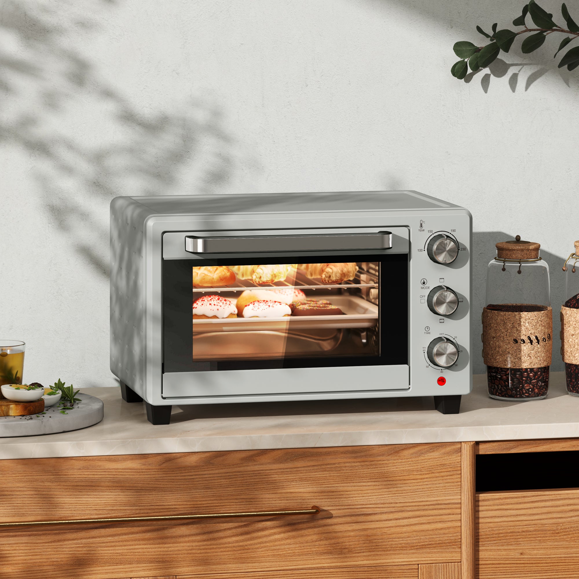 21L Mini Countertop Oven, 100°C-230°C Adjustable Temp - Silver Tone