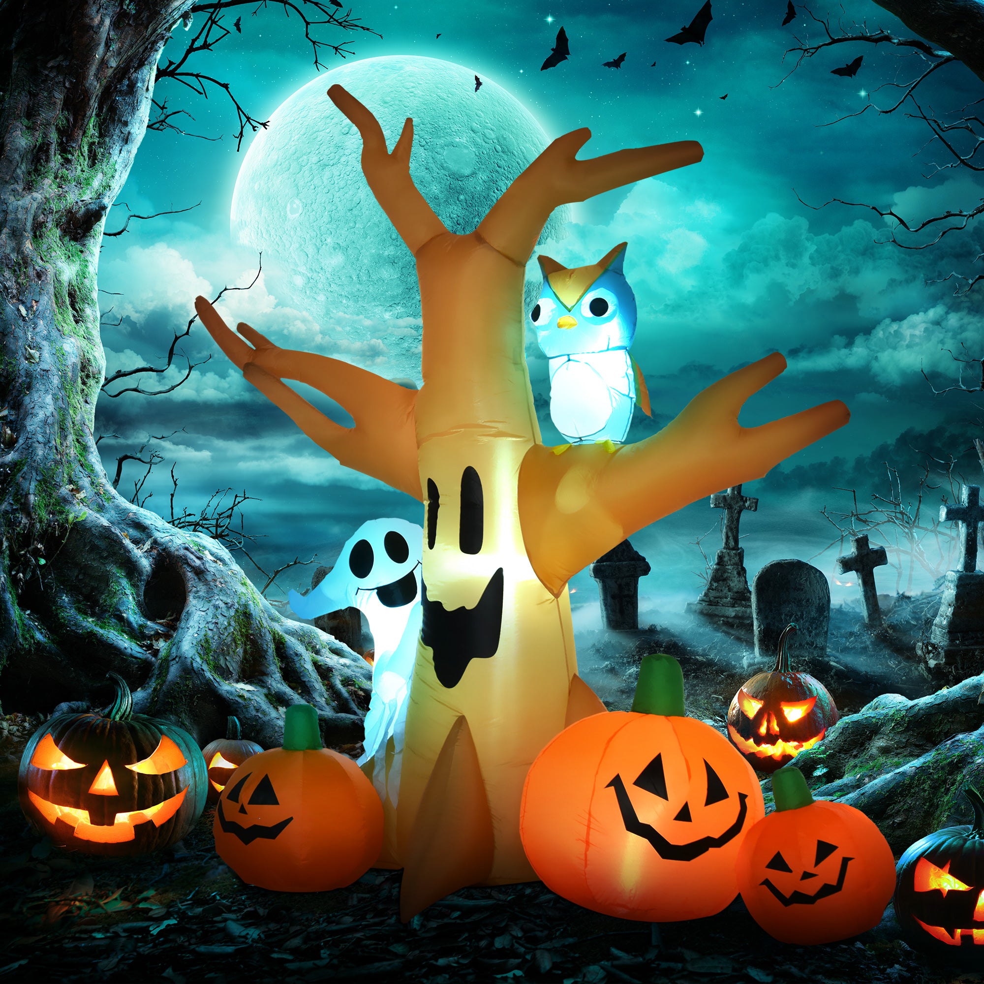 240cm Large Halloween Scary Lighting Inflatable Tree Ghost 3 Pumpkins Owl 4 LED Indoor Outdoor Holiday Decoration