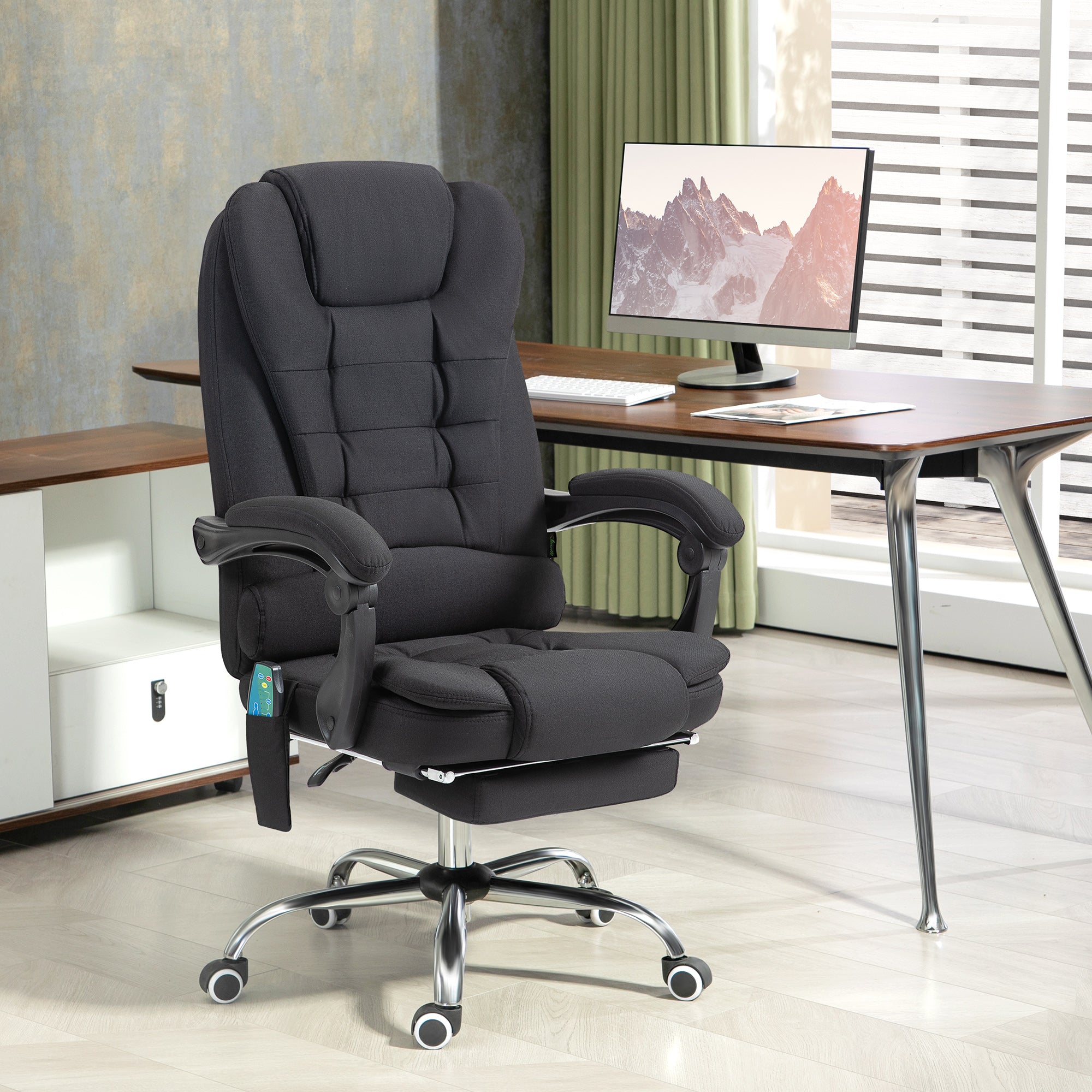 Six-Point Heated Massage Office Chair with Recline and Footrest - Black