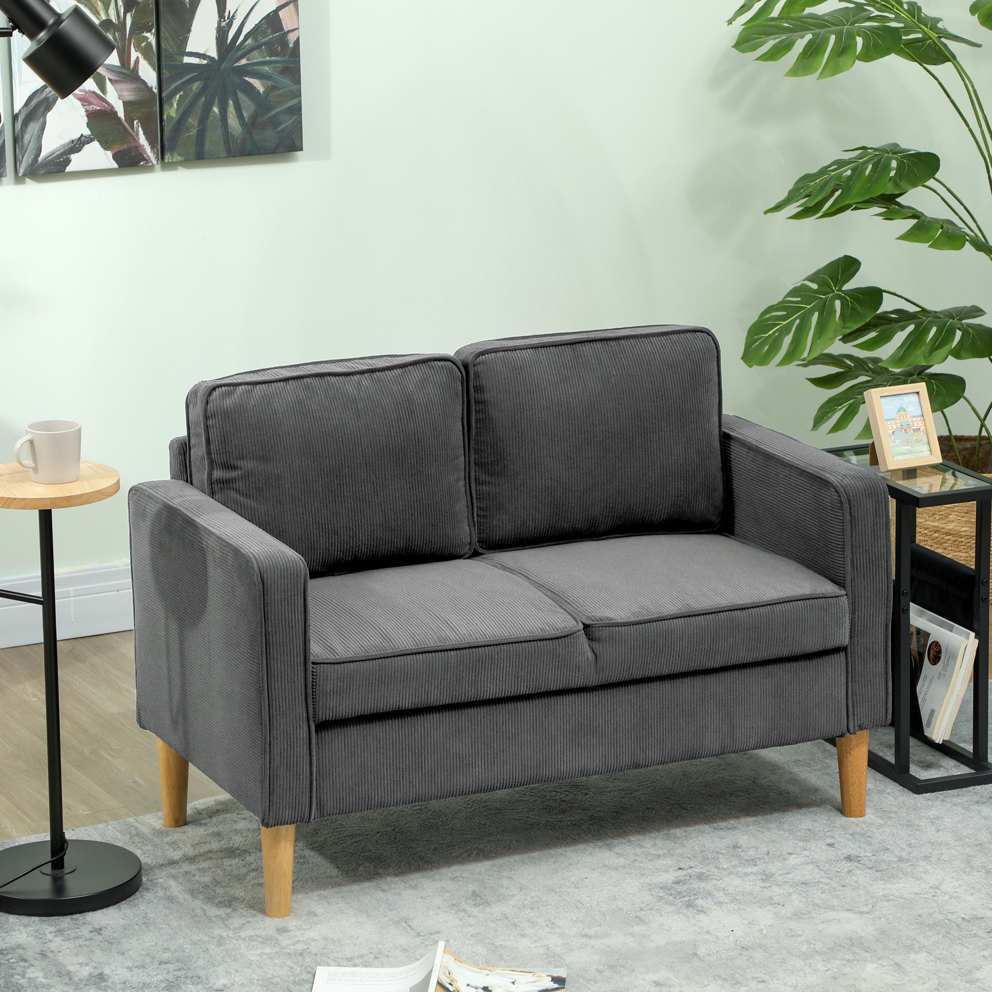 Small Two-Seater Corduroy Sofa with Storage - Grey