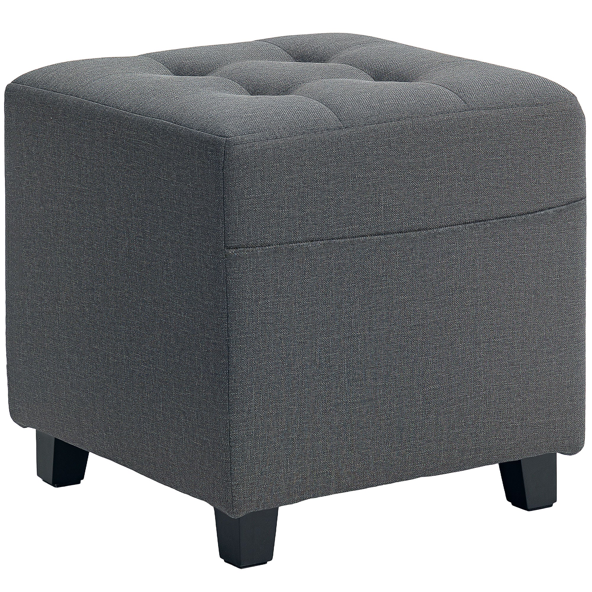 Square Small Ottoman Footstool with Side Pocket, Padded Linen Seat, Rubber Wood Legs, 35x35x35cm - Grey