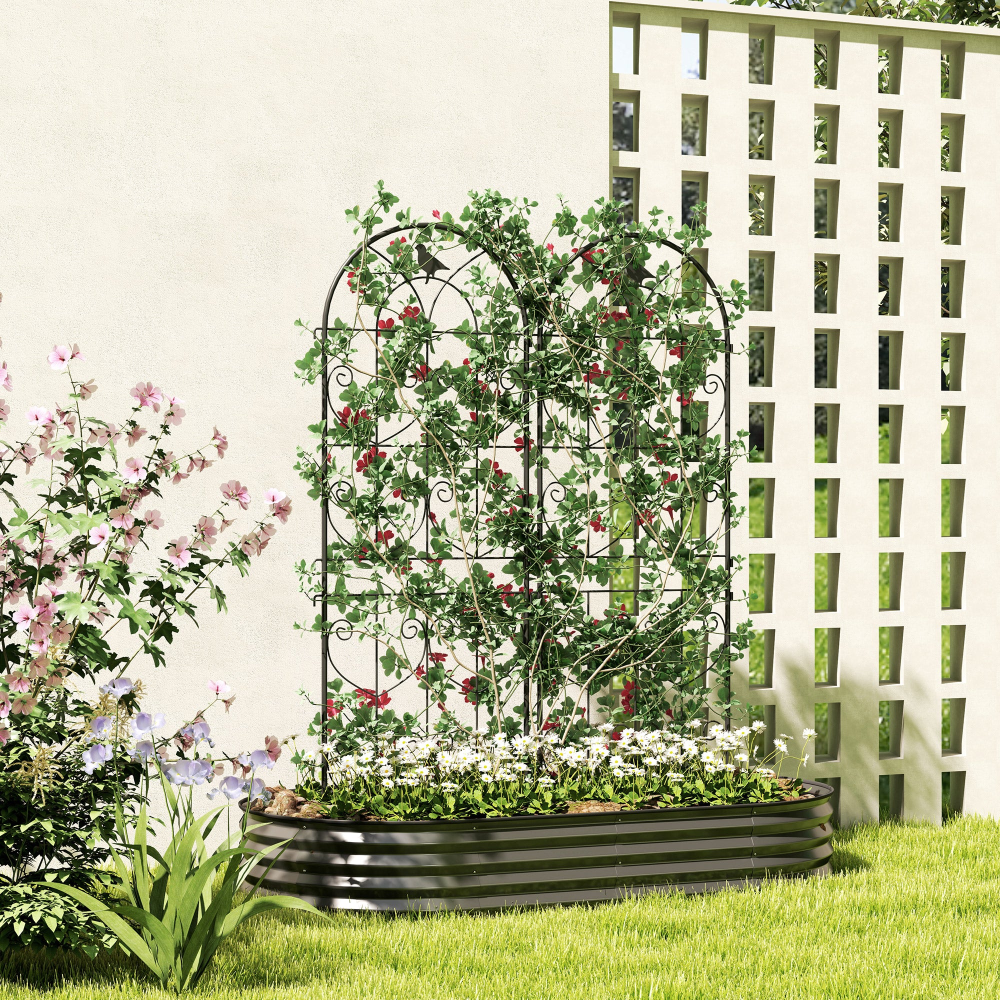 Set of 2 Metal Garden Trellis Panels with Bird Motifs 50x150cm - Black