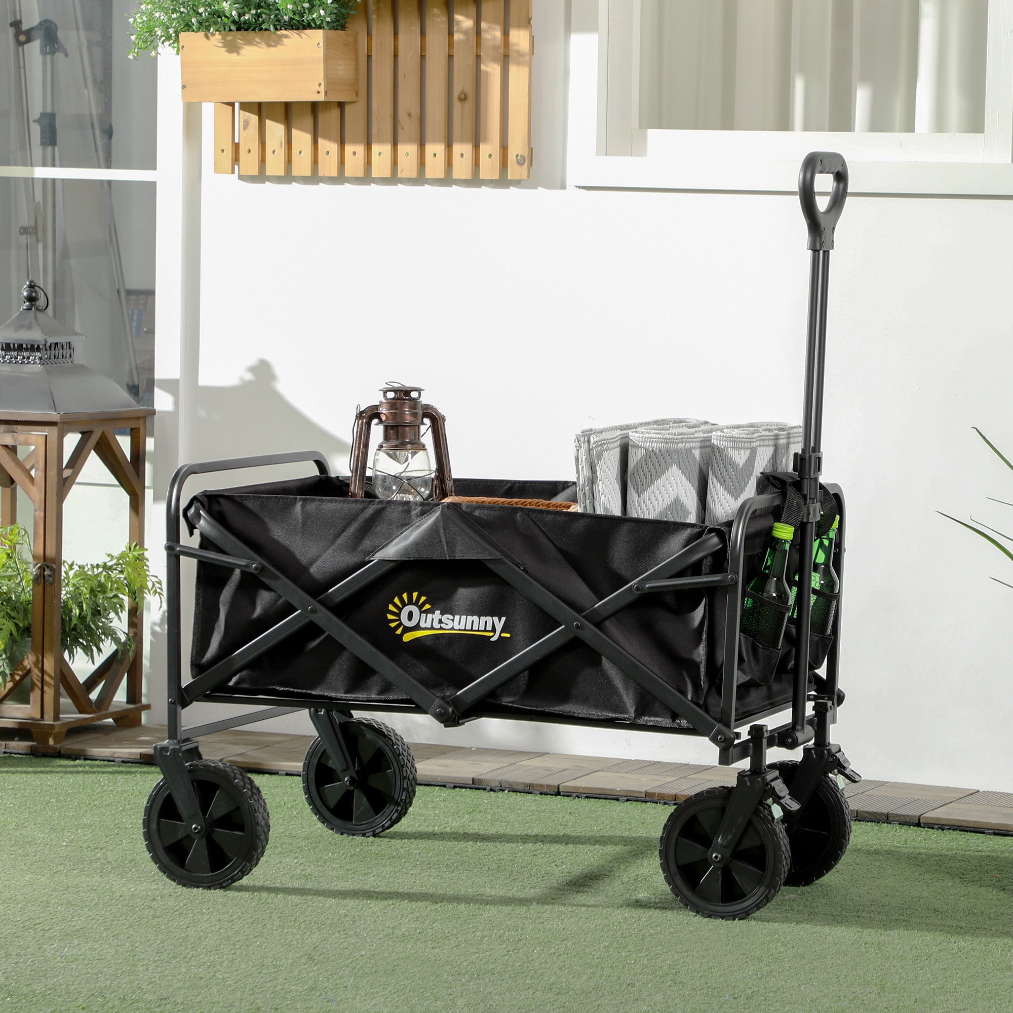 Folding Steel Frame Garden Storage Cart, with Wheels and Handle - Black