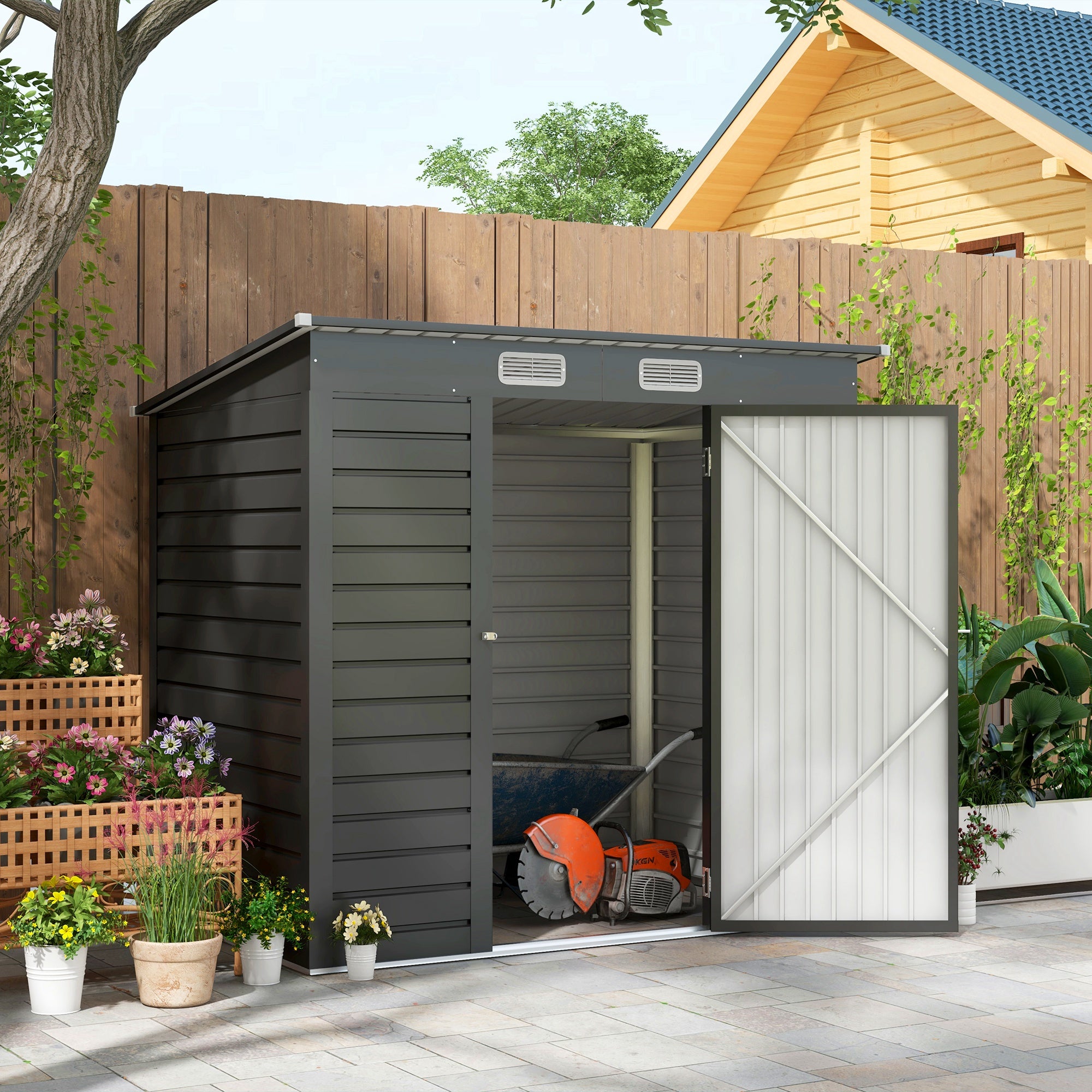 4x6ft Galvanised Steel Garden Shed with Lockable Door - Grey