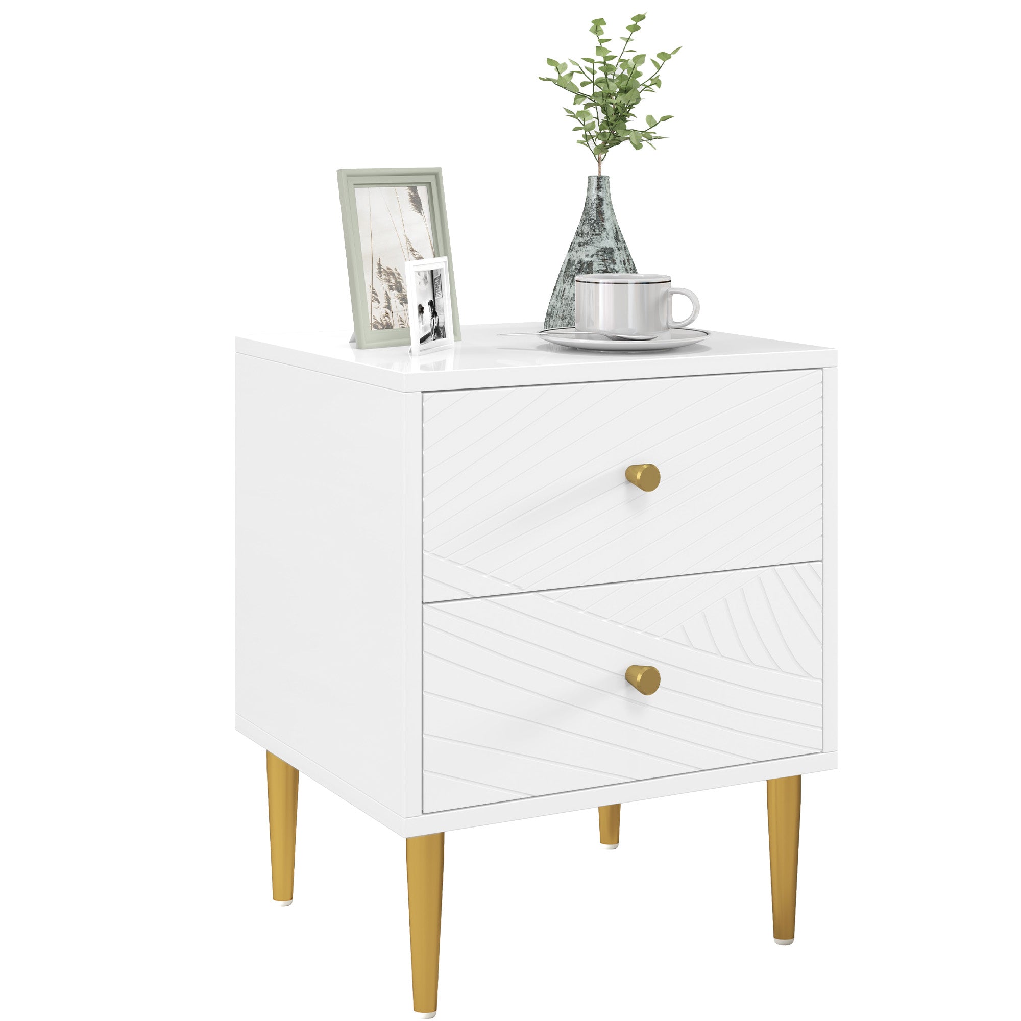 Elegant Two-Drawer Bedside Table - White/Gold-Tone