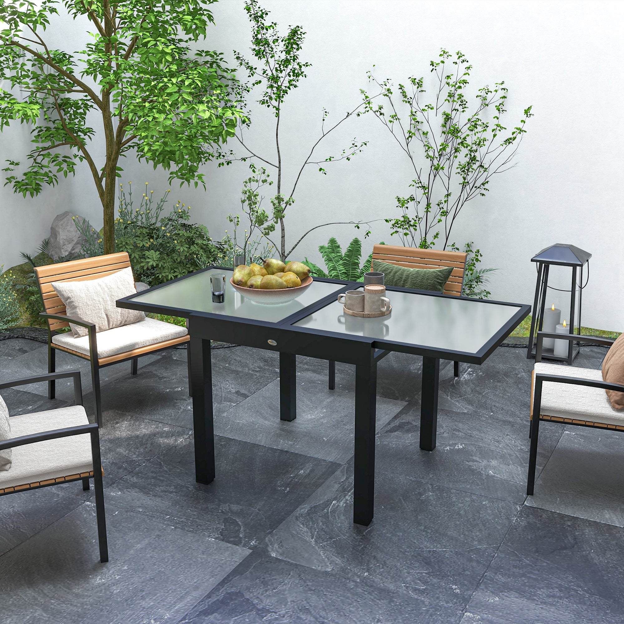 Extending Outdoor Garden Dining Table with Aluminium Frame & Tempered Glass 80-160x80x75 cm - Black Clear