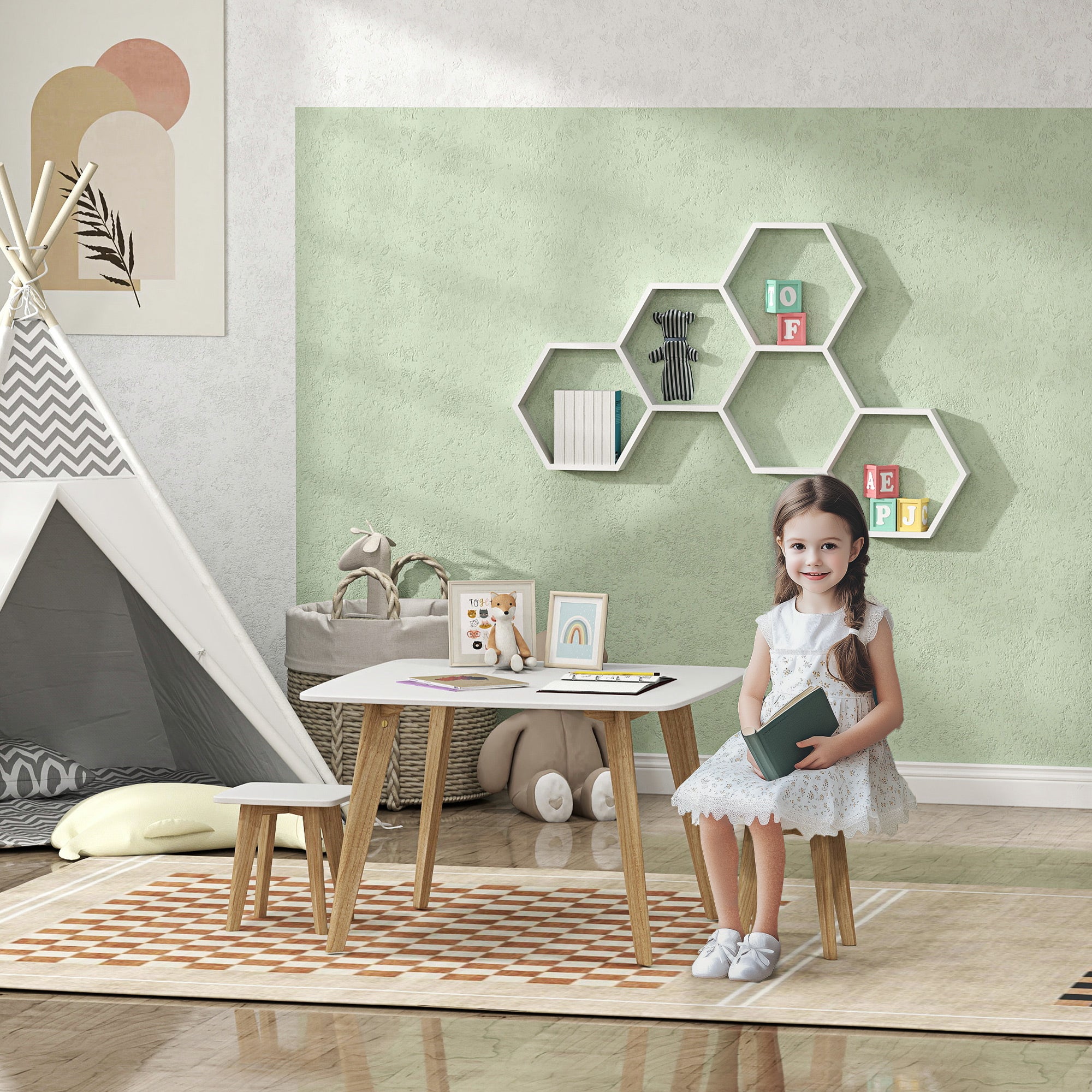 3 Piece Kids Table and Chair Set MDF Wood White for Toddlers