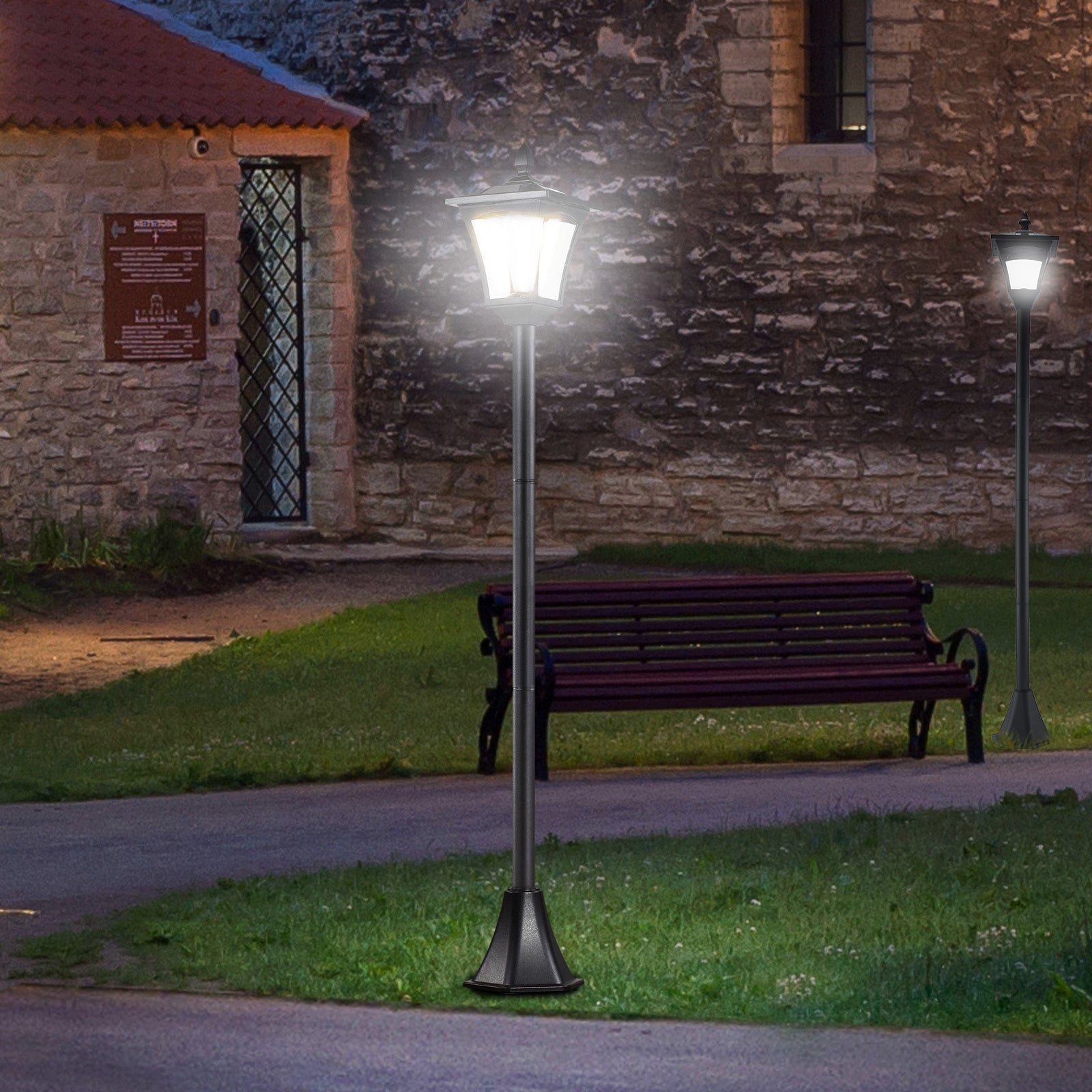 Set of 2 Solar Garden Post Lamps with Sensor and Dimmable LED - Black