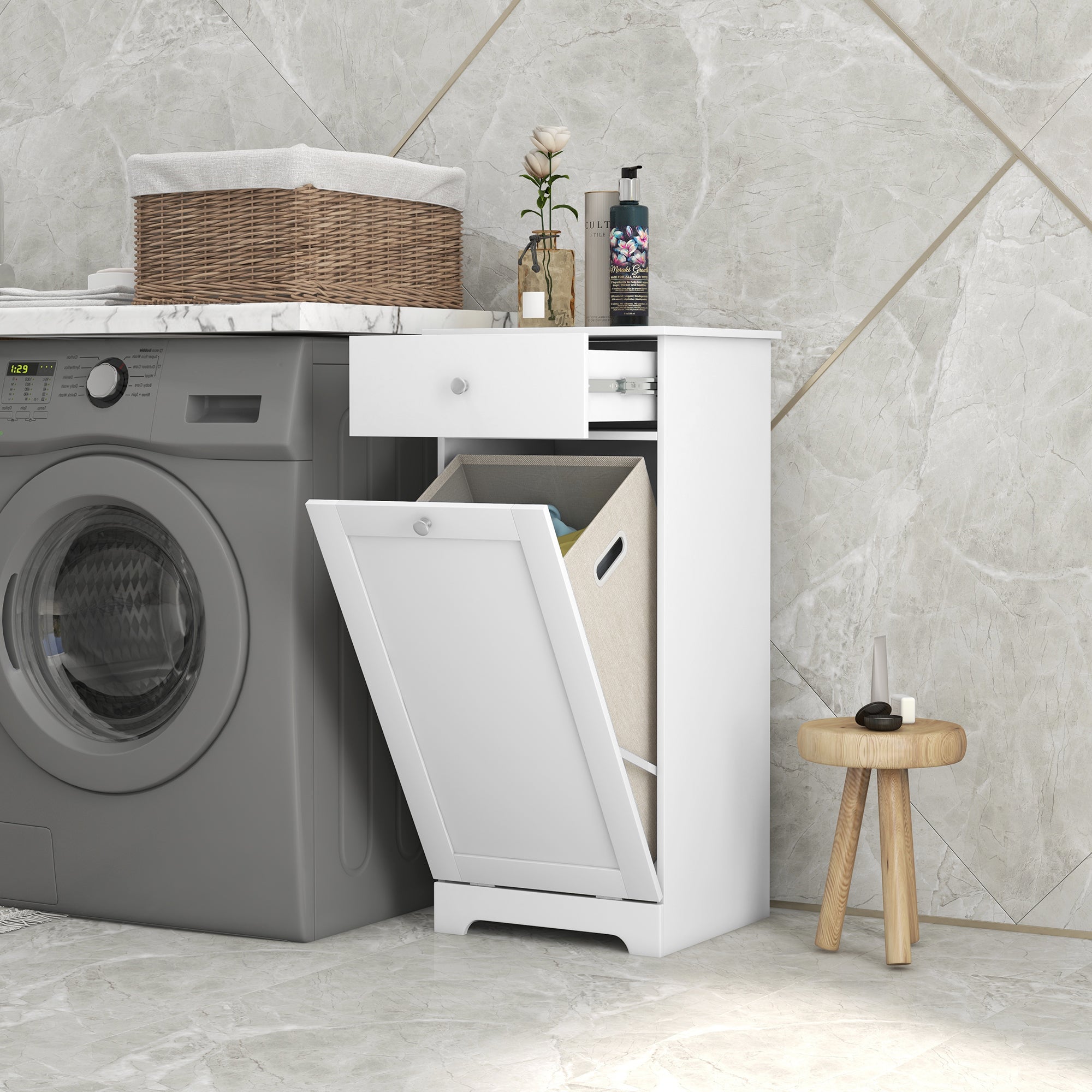 Single Hamper Laundry Storage Cabinet with Drawer - White
