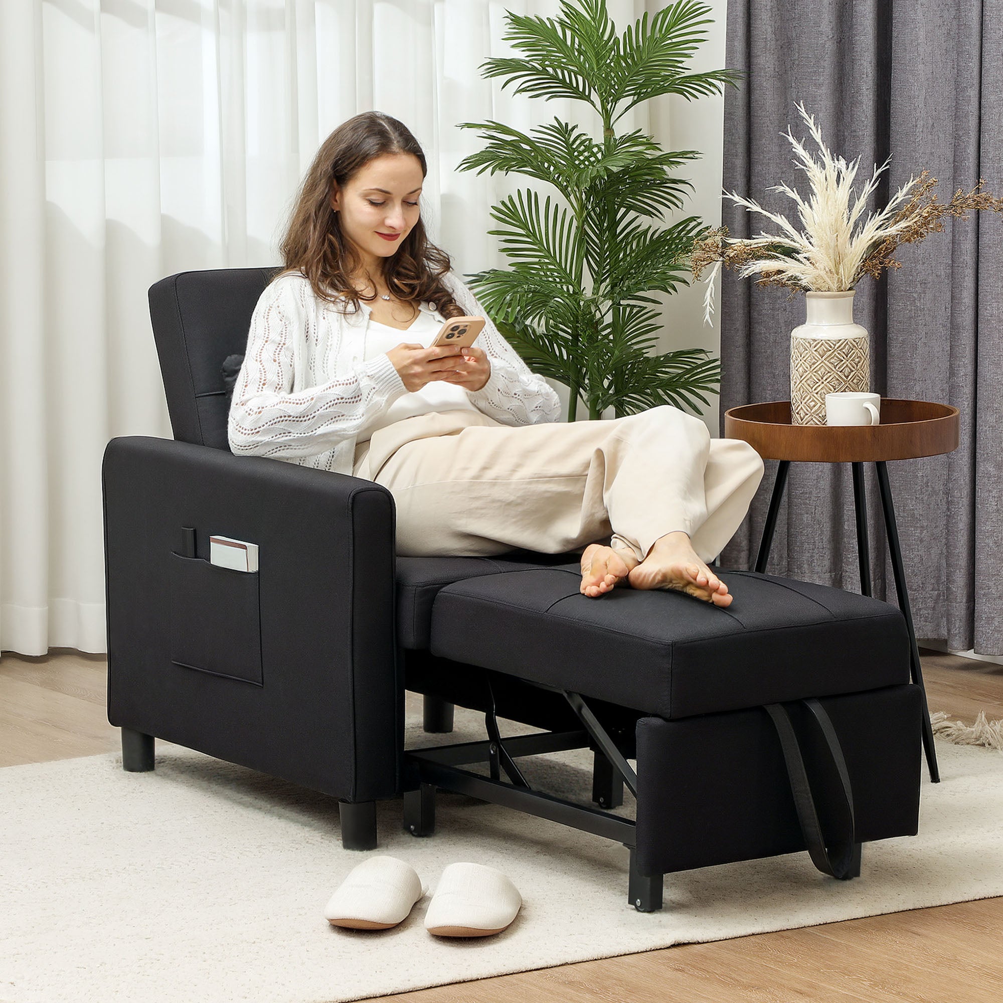 Linen-Look Single Chair Bed with Adjustable Backrest and Pillow - Black