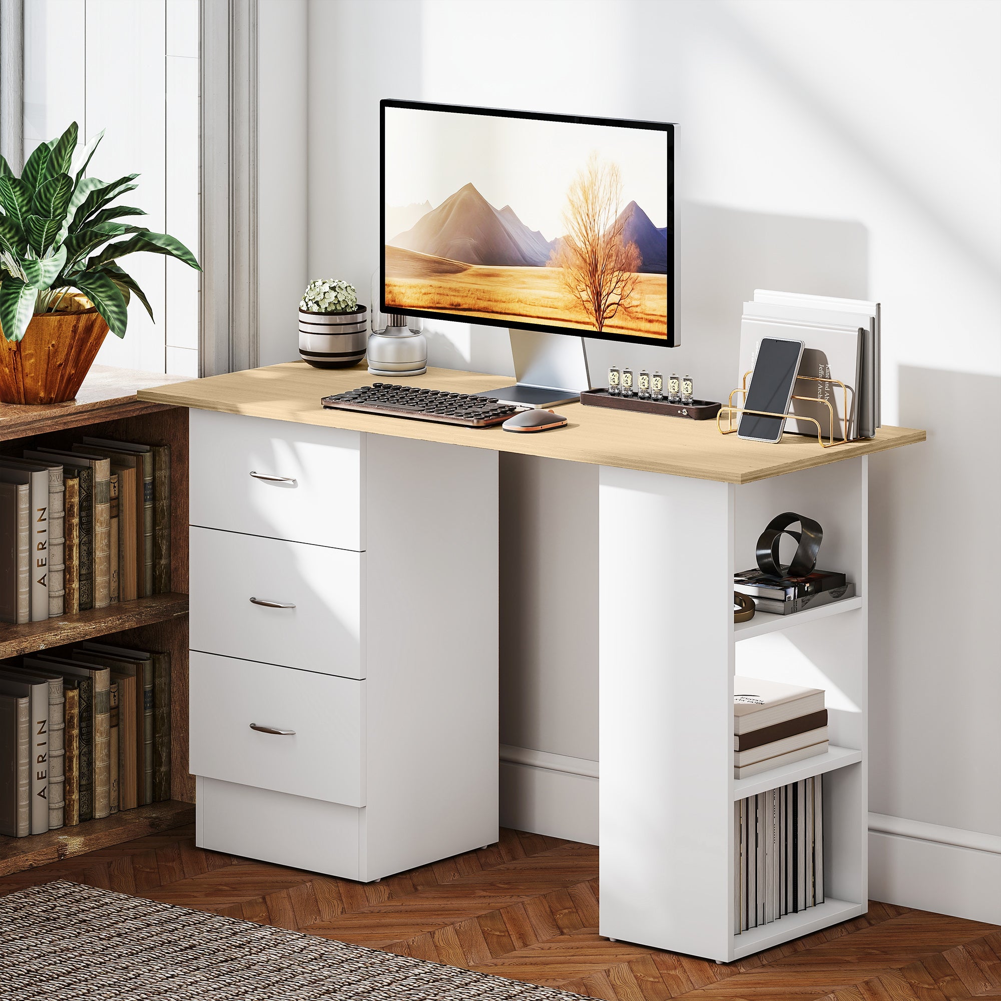 Computer Desk with Drawers, Home Office Desk, Writing Table, PC Workstation with 3 Storage Shelves for Working, Study, 120 x 49 x 72 cm, Natural Wood Finish and White