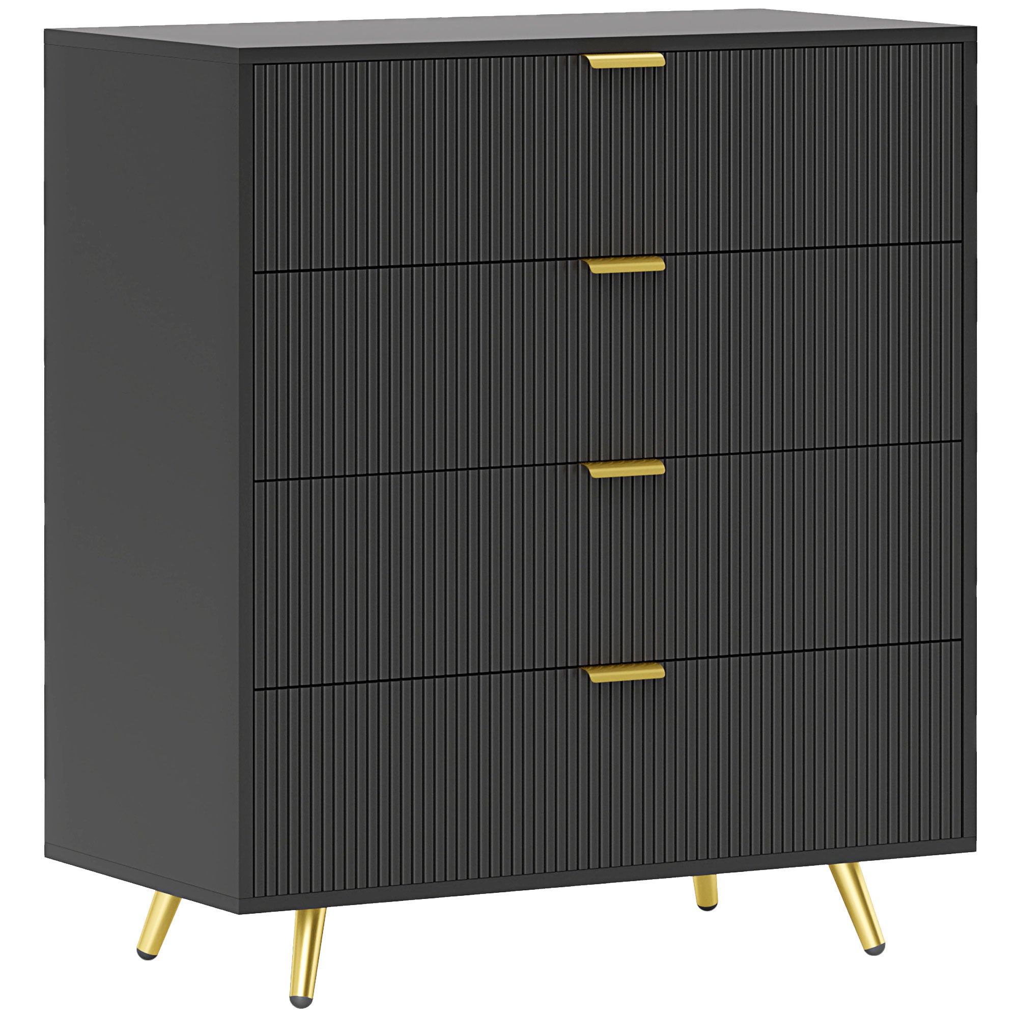 Elegant Four-Drawer Bedside Table with Gold Handles - Black