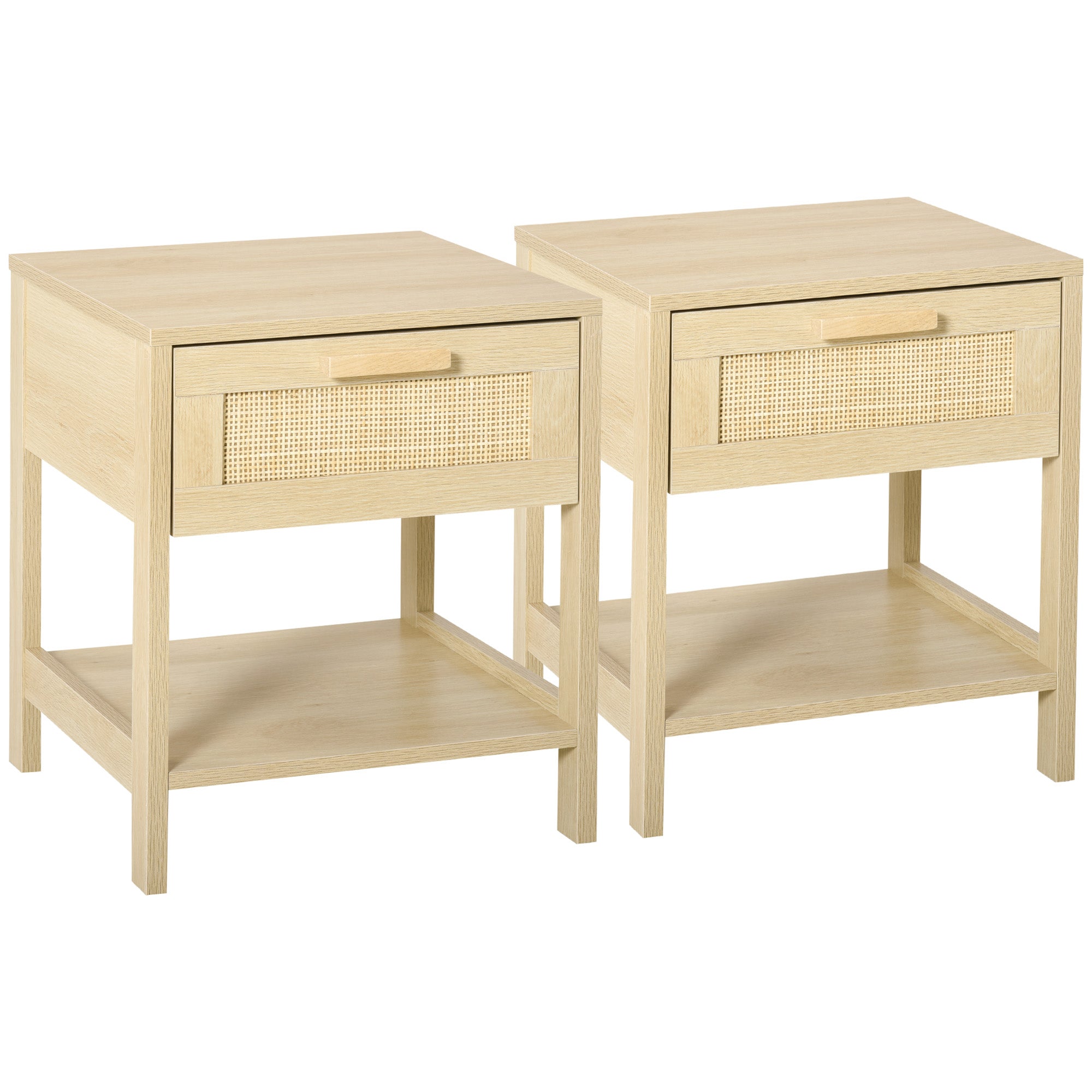 Bedside Table Set of 2 with Rattan Drawer, Rustic Side Tables with Storage Shelf for Bedroom, Living Room, Natural