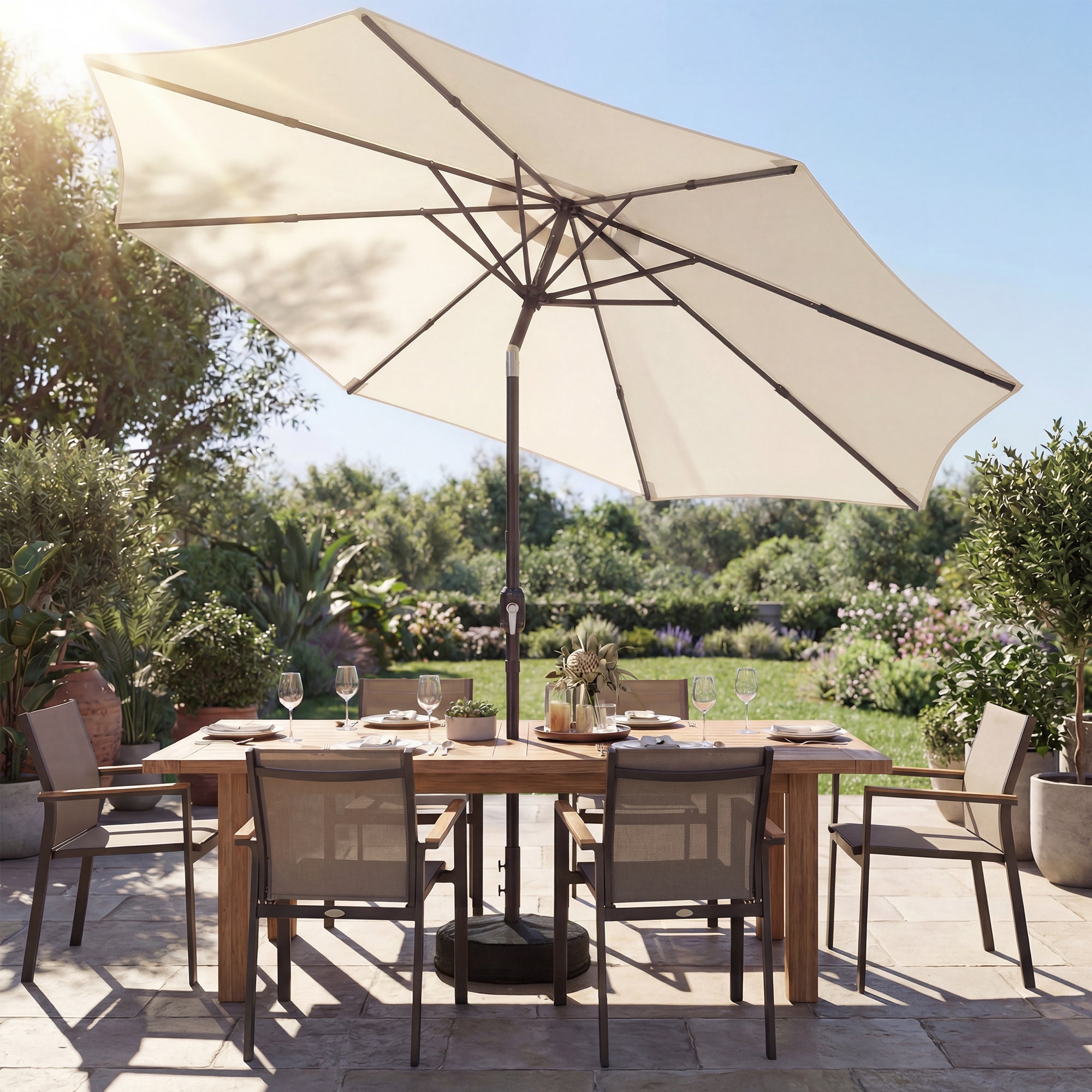2.7 m Garden Parasol Umbrella with Cross Base and Sandbag, Retractable Ribs, Outdoor Table Market Umbrella, Cream White
