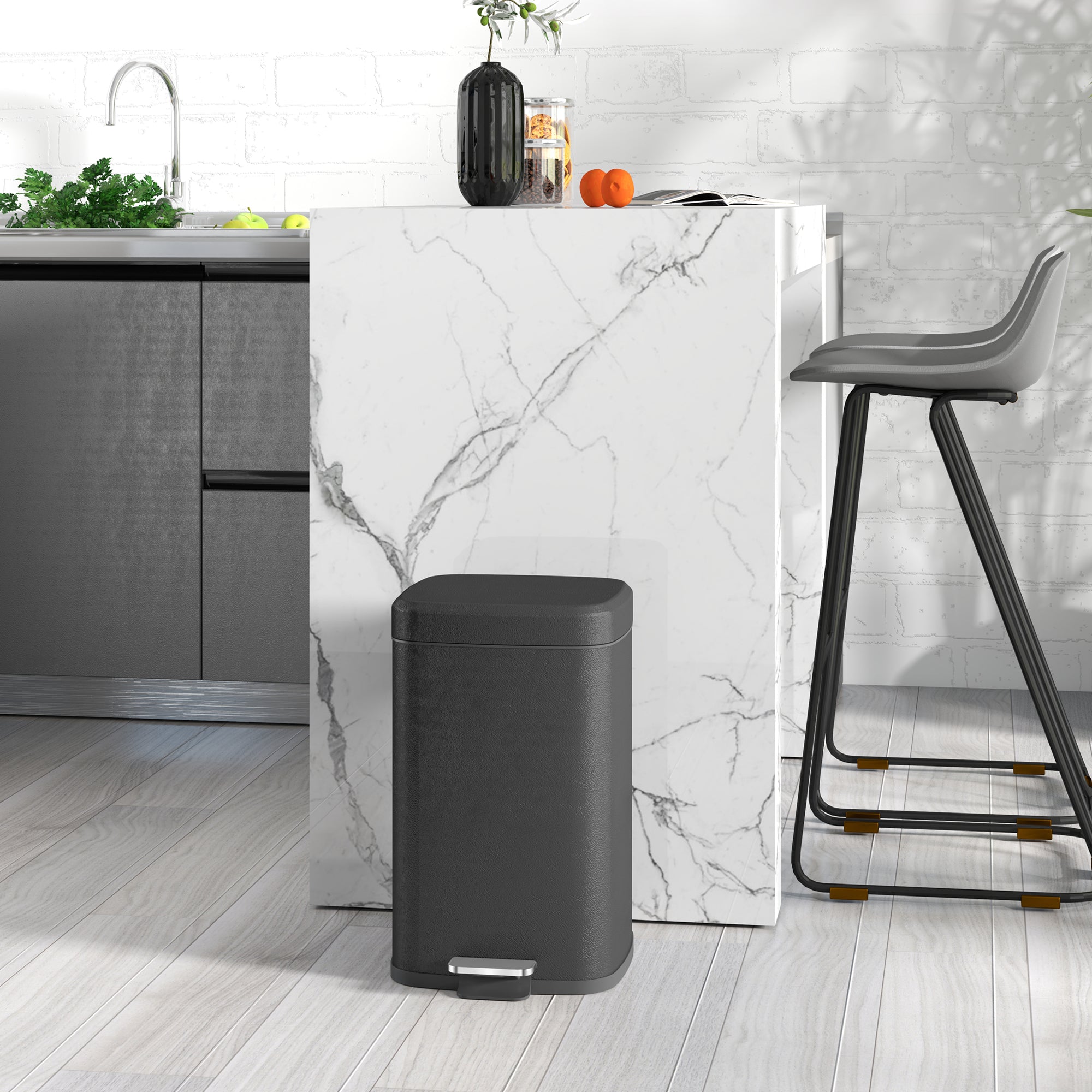 20L Modern Boxy Metal Kitchen Bin with Pedal - Black