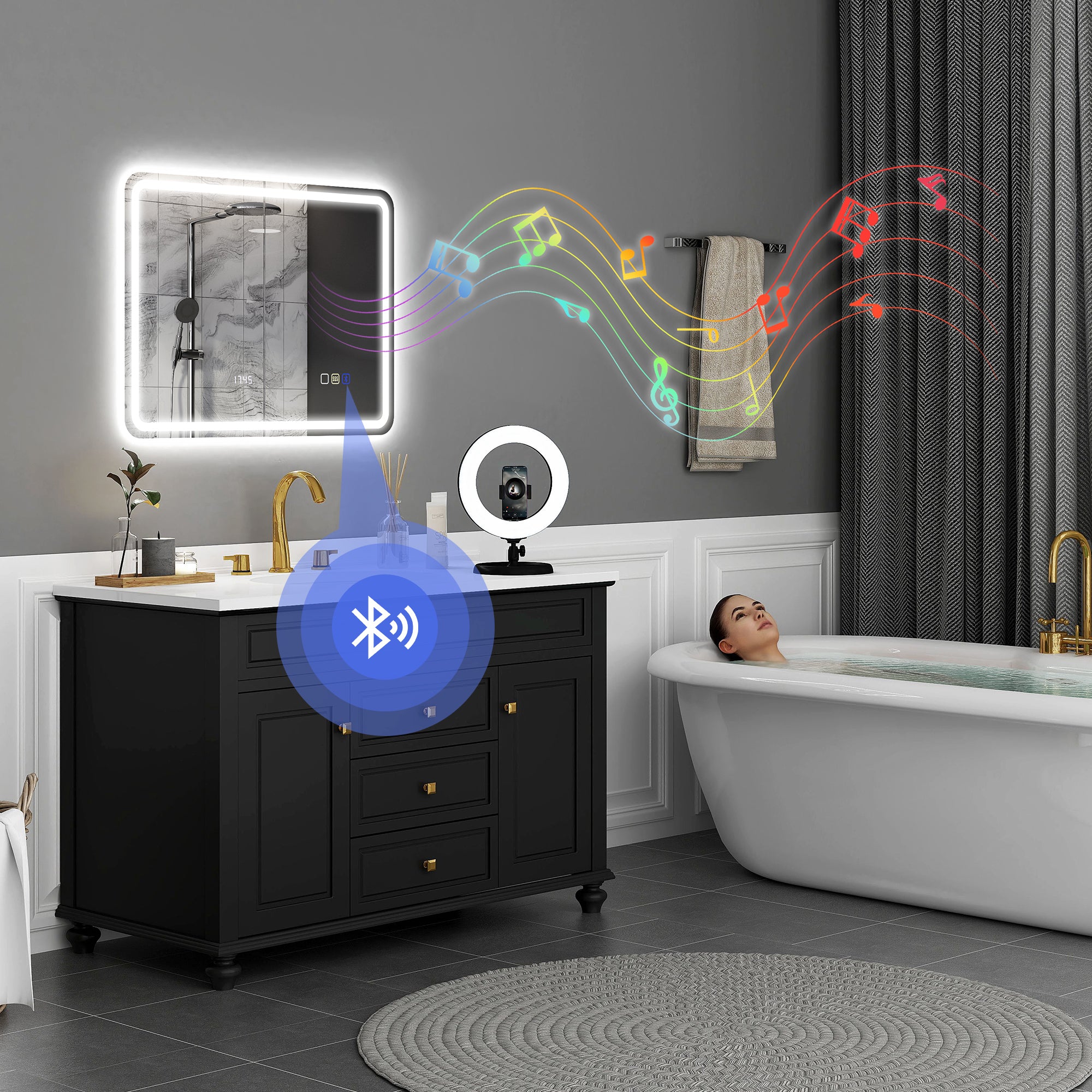80 x 60 cm Bluetooth Bathroom Mirror - Silver-Tone