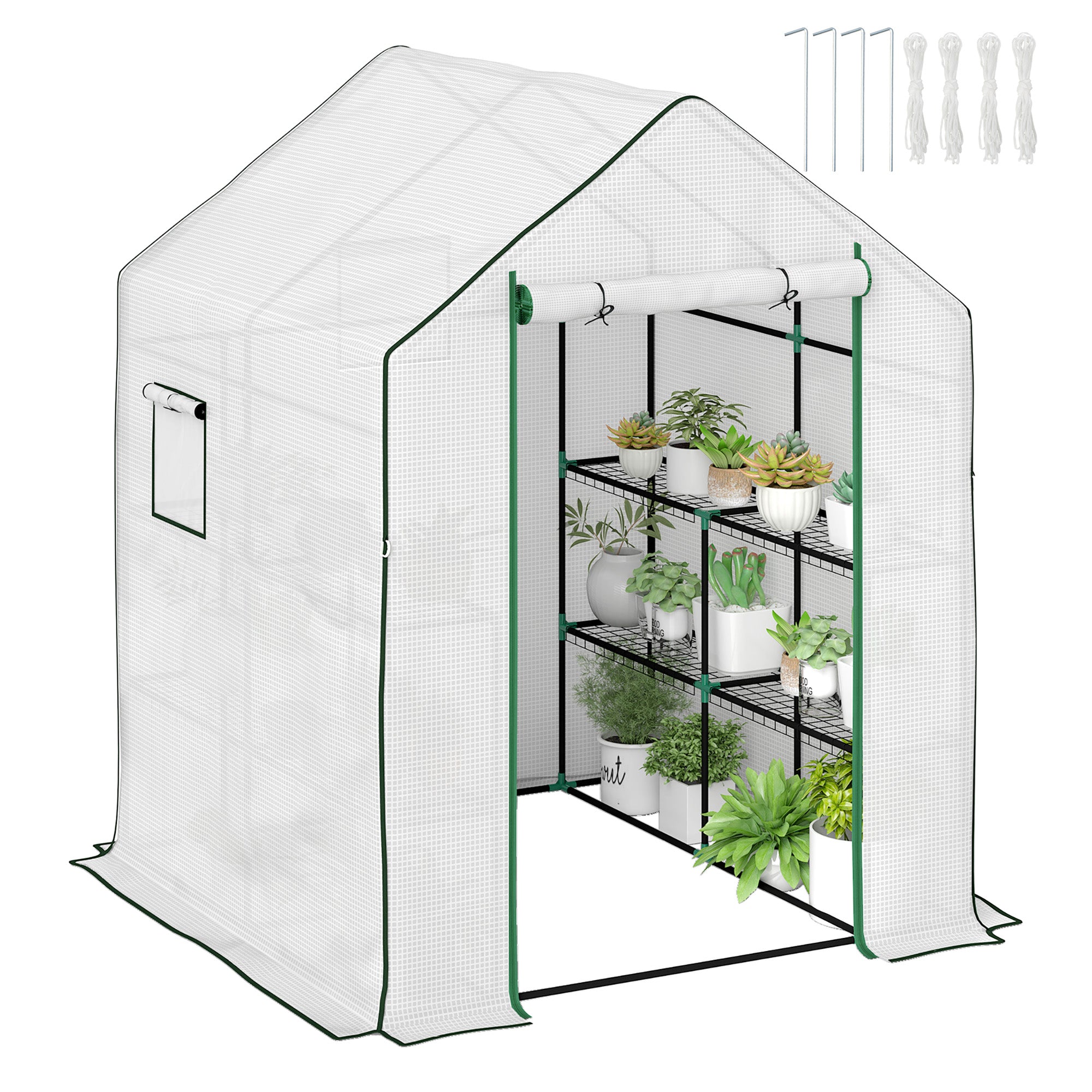 1.43m Walk-In Greenhouse with Shelves and UV-Resistant Cover - White