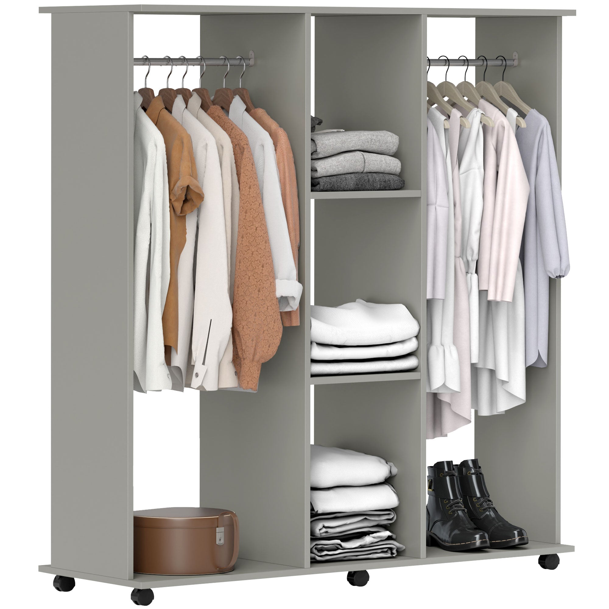 Open Wardrobe Double Mobile Storage Shelves Organizer with 6 Wheels - Grey