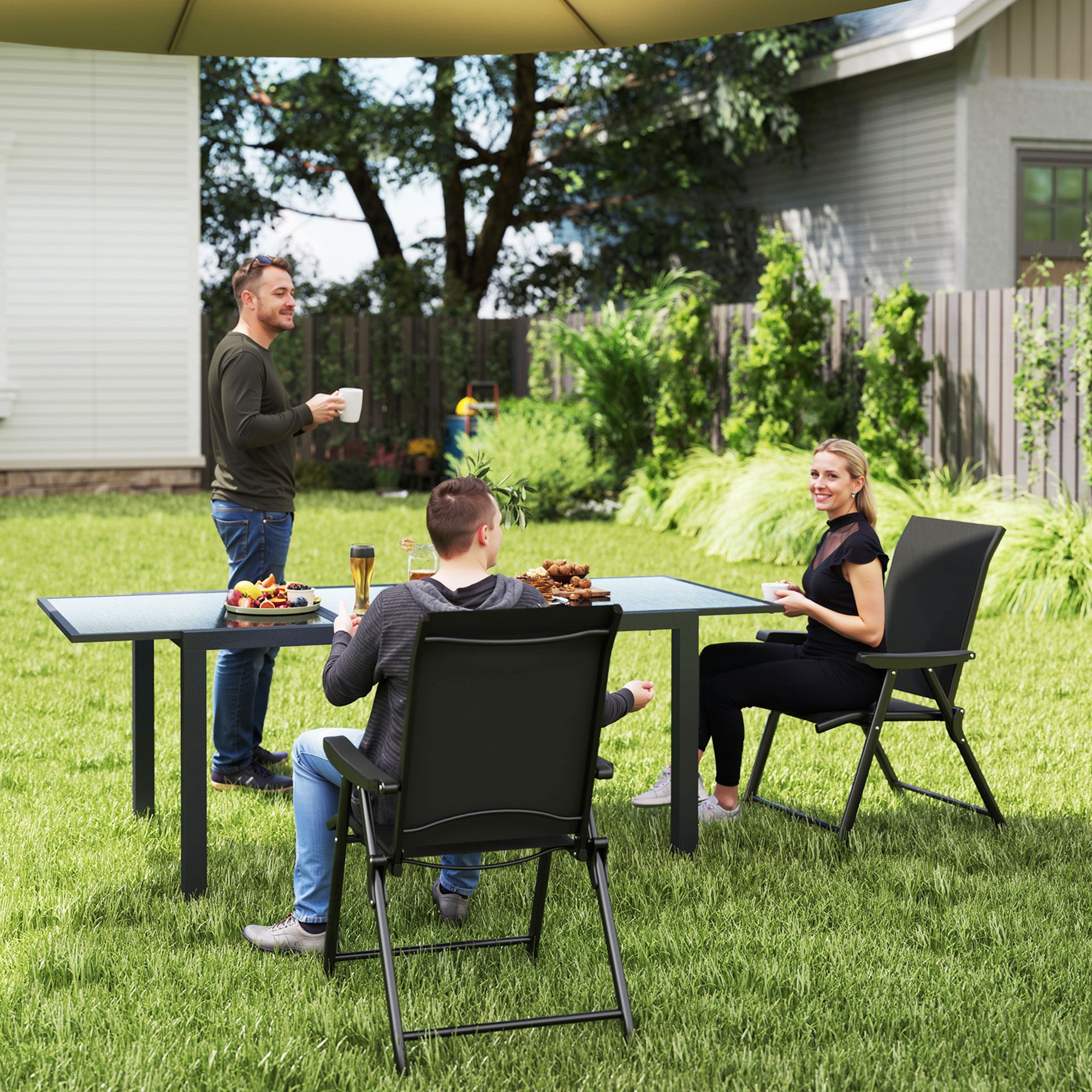 Set of 2 Folding Outdoor Chairs with Breathable Mesh Seats and Armrests - Black