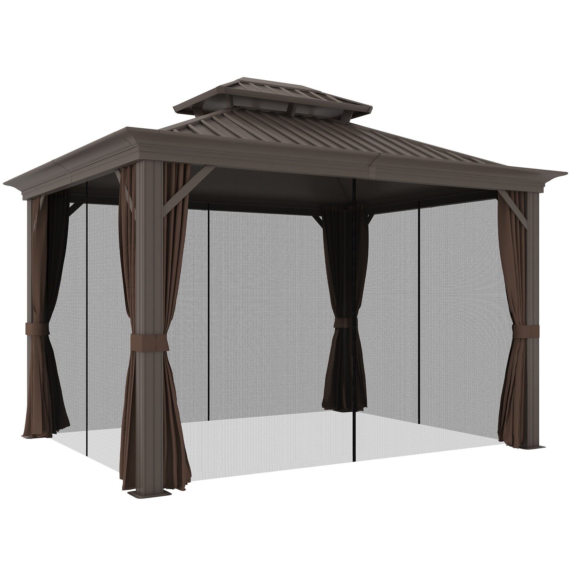 3.65 x 3m Aluminium Hardtop Gazebo, with Accessories - Brown