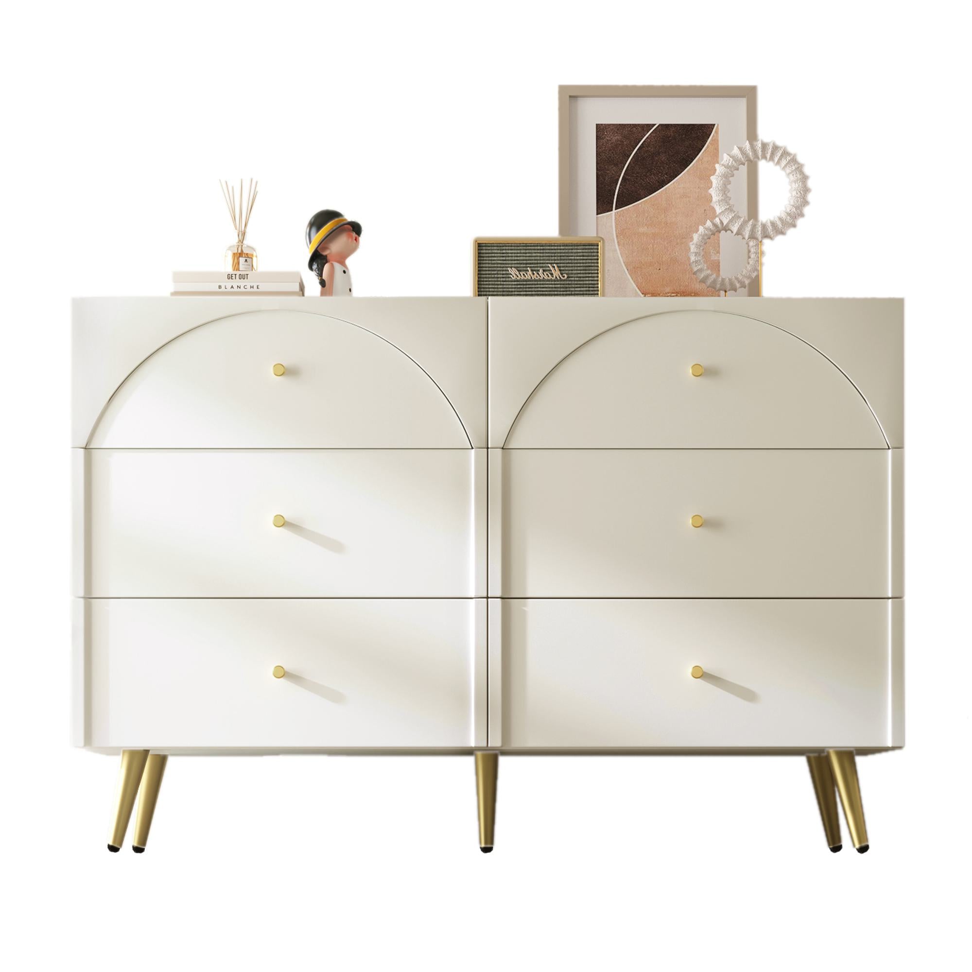 Height Ajustable Sideboard with 6 Storage Drawers, Cabinet with Wood and Metal Construction, 120L x 40W x 85H cm, White