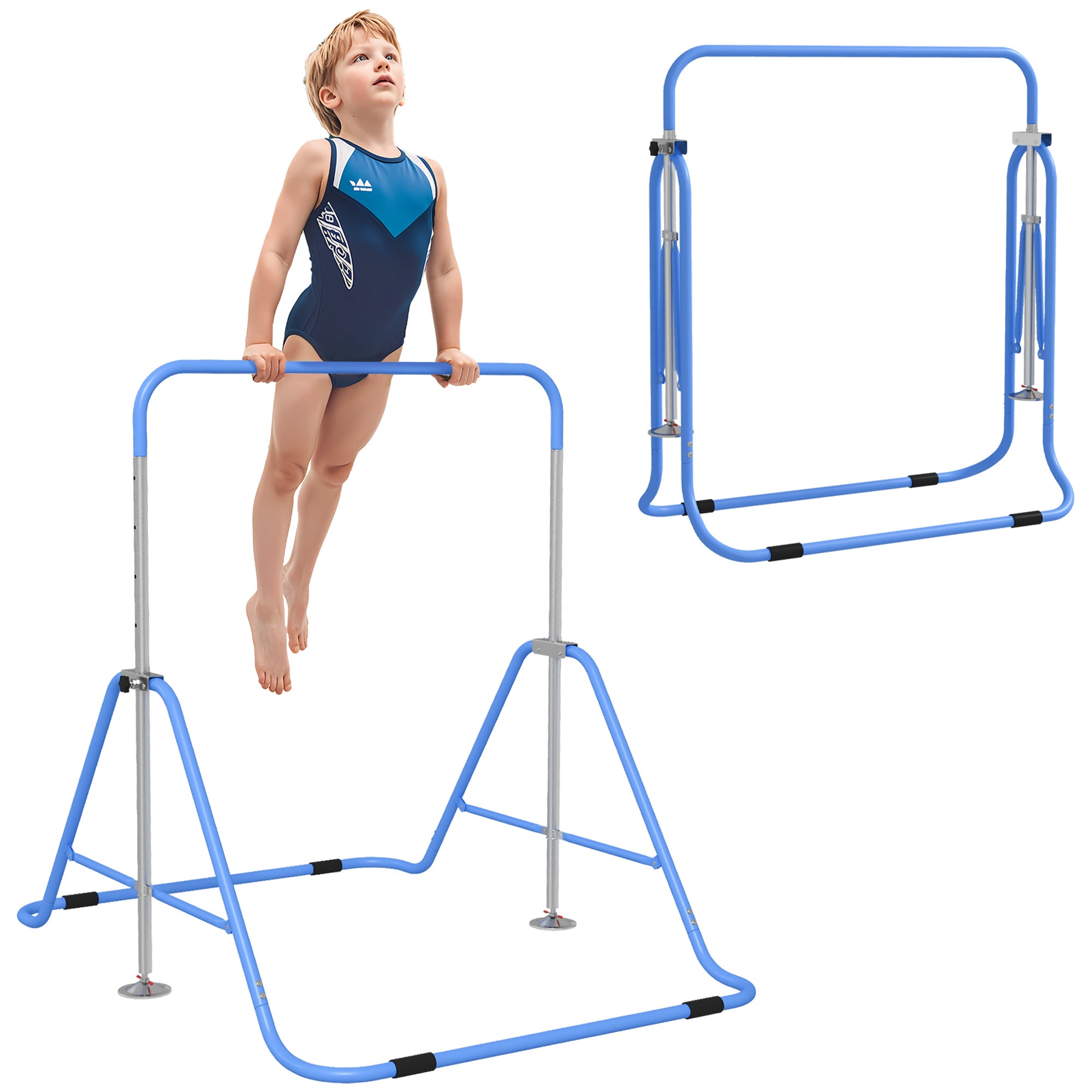 Adjustable Foldable Kids Gymnastic Bar with Horizontal Bars - Blue