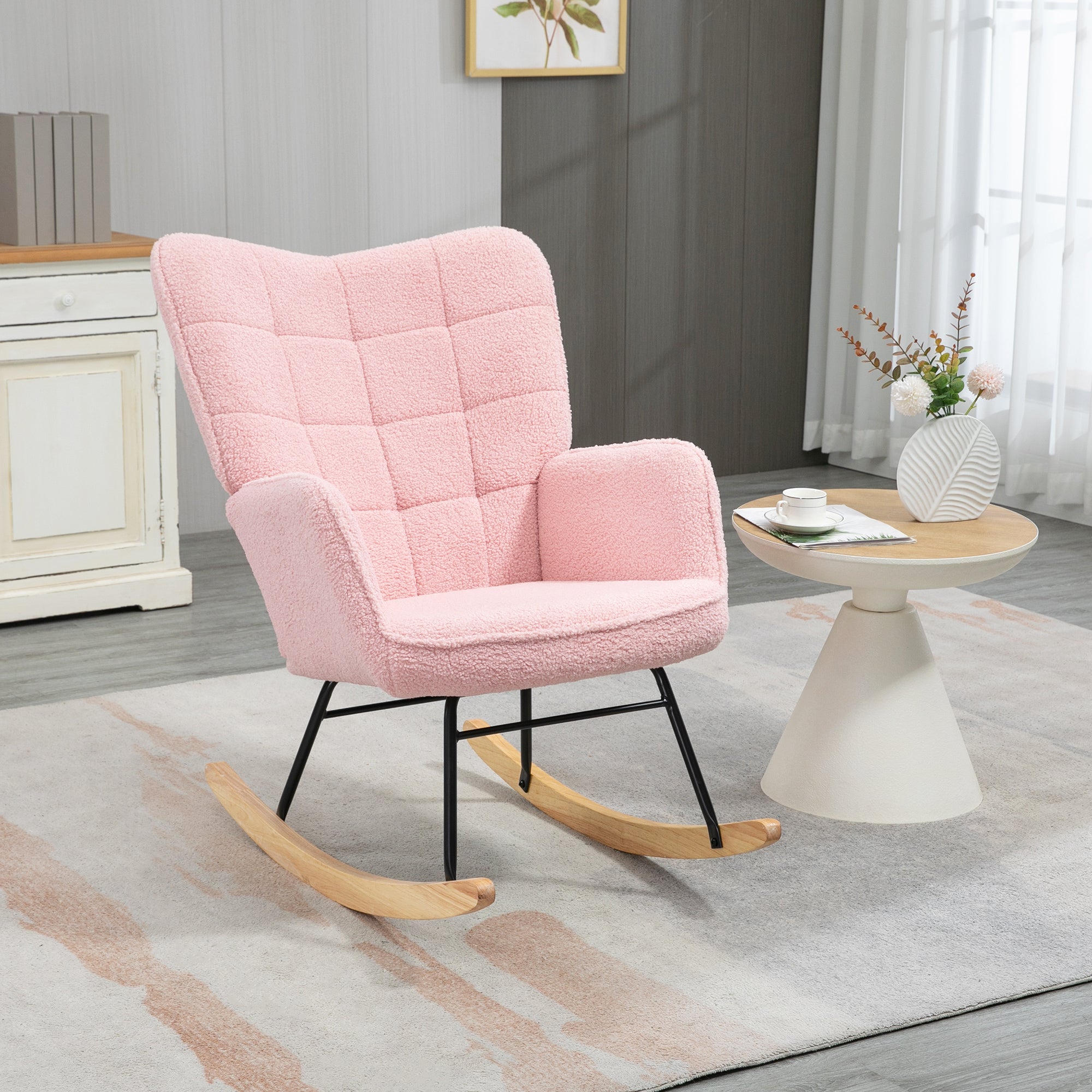 Soft Fleecey Rocking Wingback Chair with Curved Wooden Base - Pink