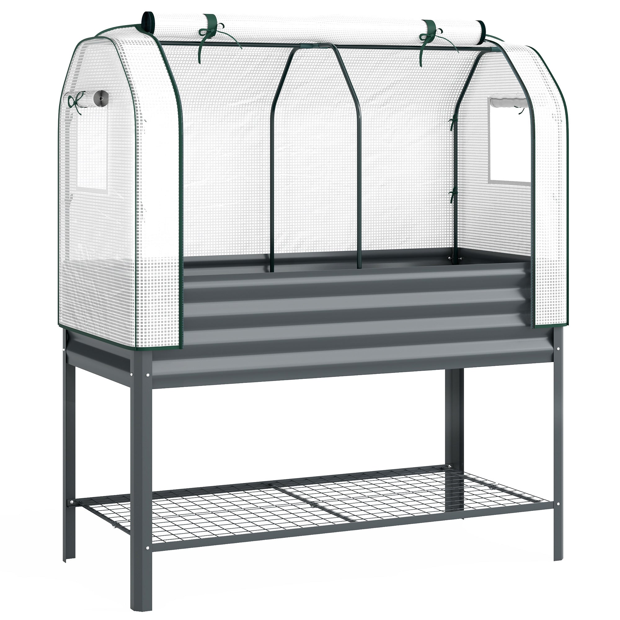 Galvanised Raised Planter with Greenhouse Cover, Metal Raised Garden Bed on Legs with Bed Liner and Bottom Shelf