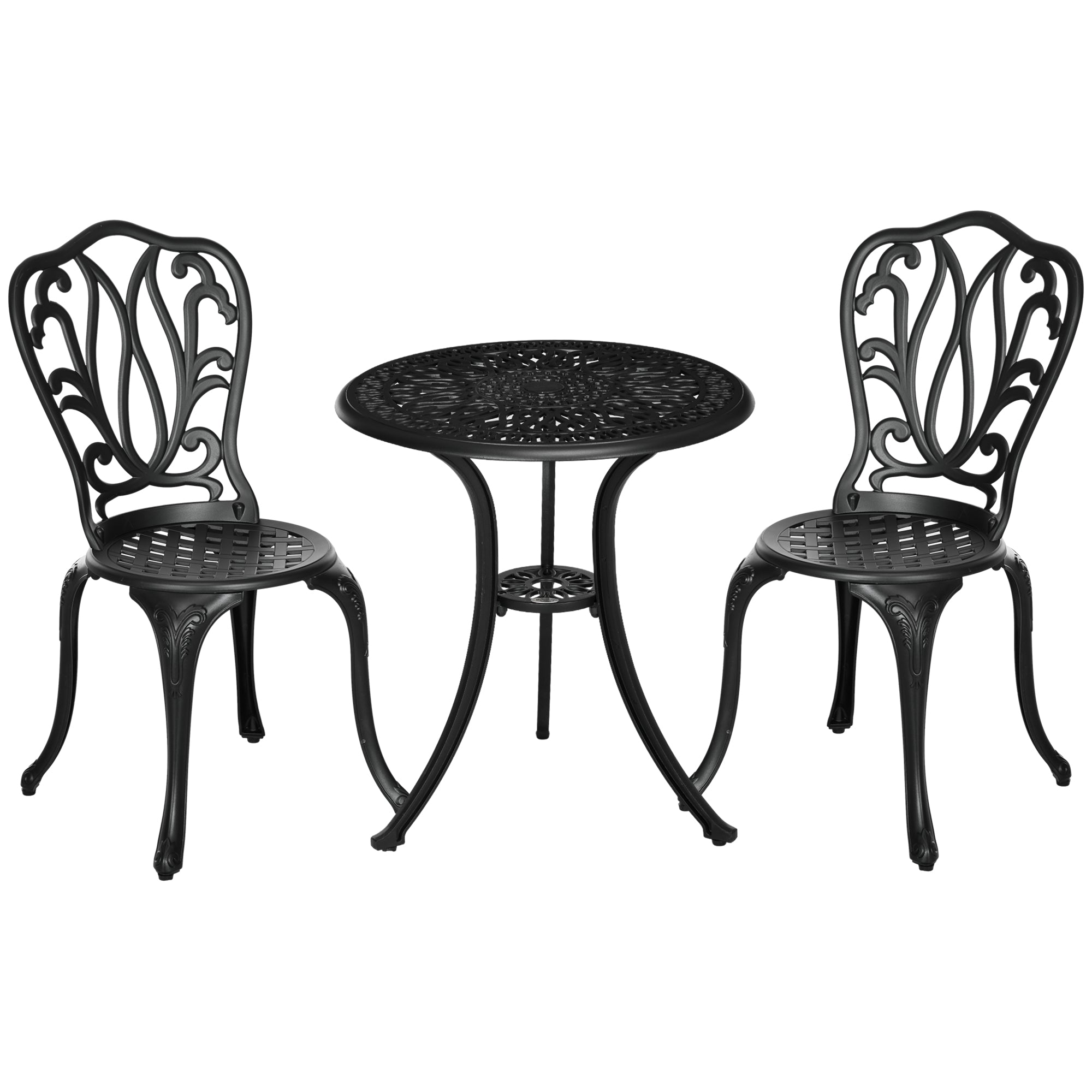 3 Piece Cast Aluminium Garden Bistro Set with Umbrella Hole for Balcony, Porch, Patio - Black