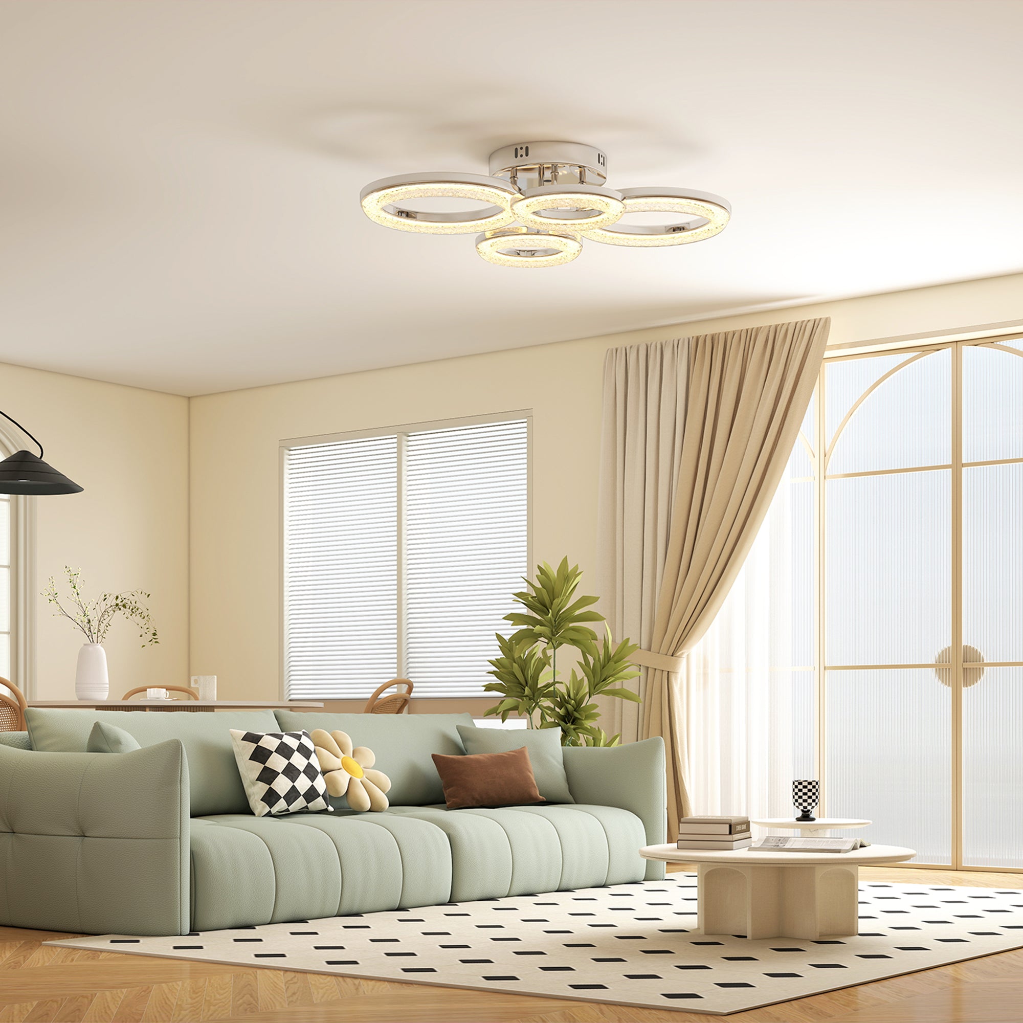 LED Ceiling Light, Modern Dimmable 4 Rings Ceiling Lamp with Wall Switch, 40W 4350lm Flush Mount Ceiling Light with 3500K/4500K/6000K Colour Temperatures for Living Room, Bedroom, Silver Tone