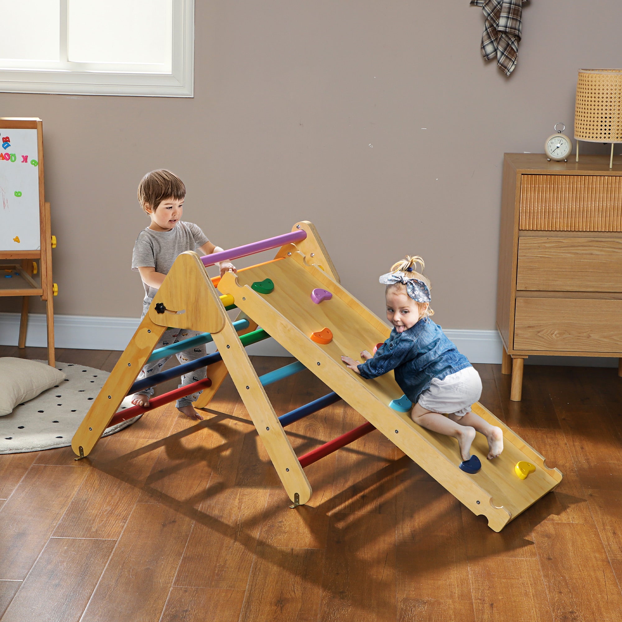 Toddler Climbing Frame for Kids, with Ramp, 3-in-1 Wooden Pikler Triangle Set for 18-48 Months, Multicolour