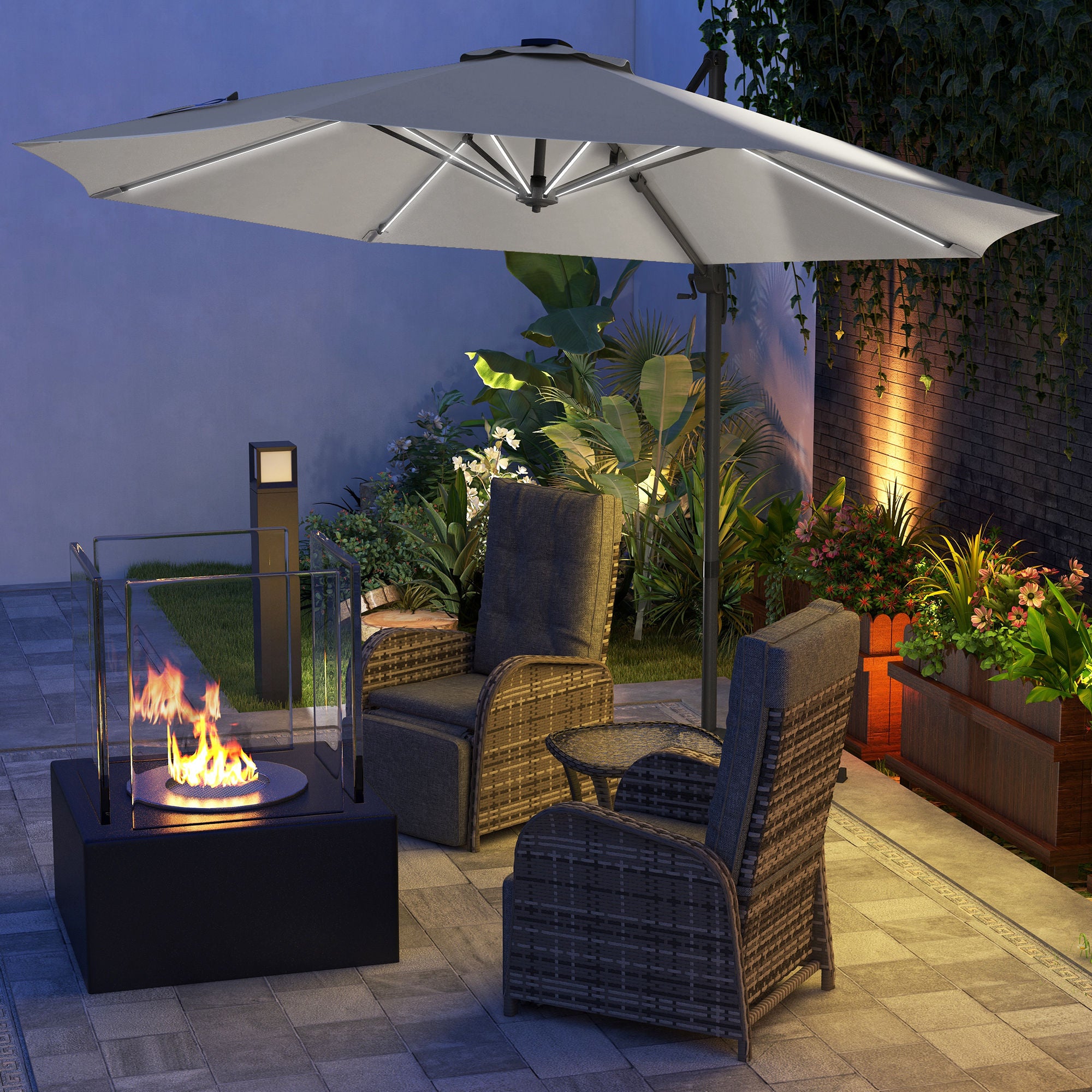 3(m) Adjustable Cantilever Parasol with Base, Solar LED Lights, Light Grey