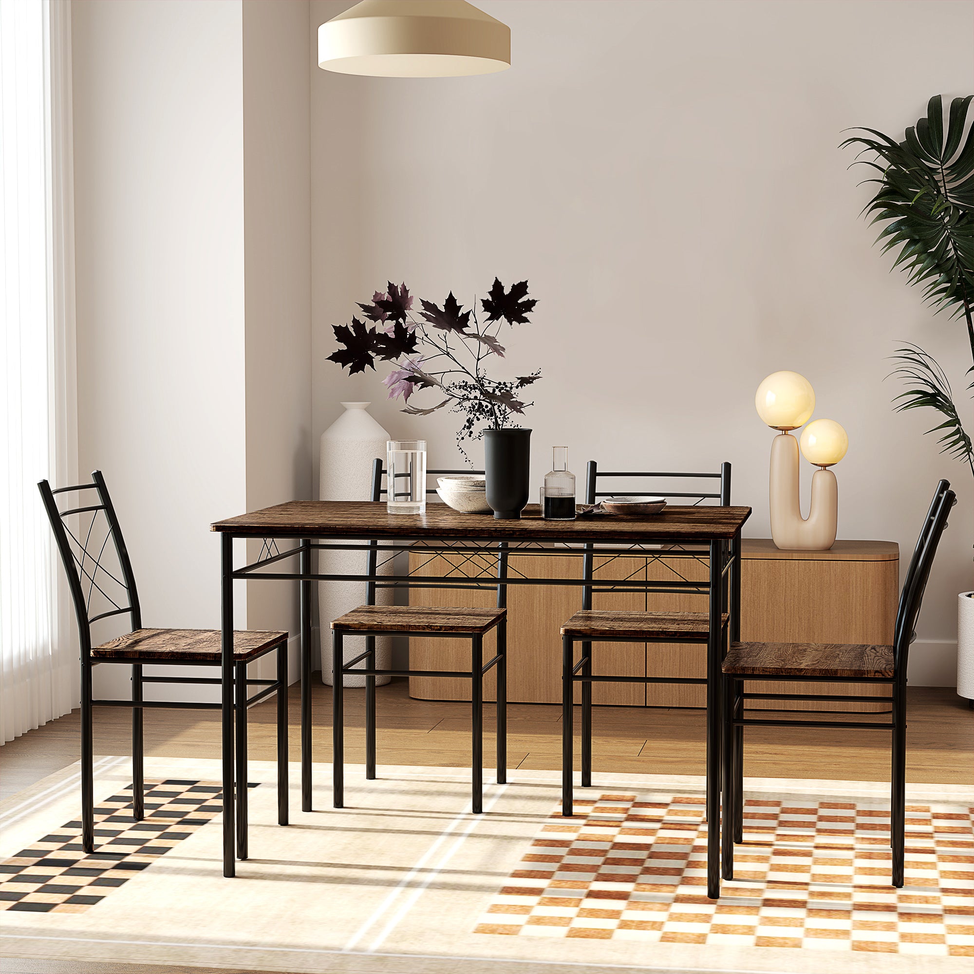 Modern 5-Piece Dining Table Set for 4 with Rectangle Oak Table and Steel Frame - Oak