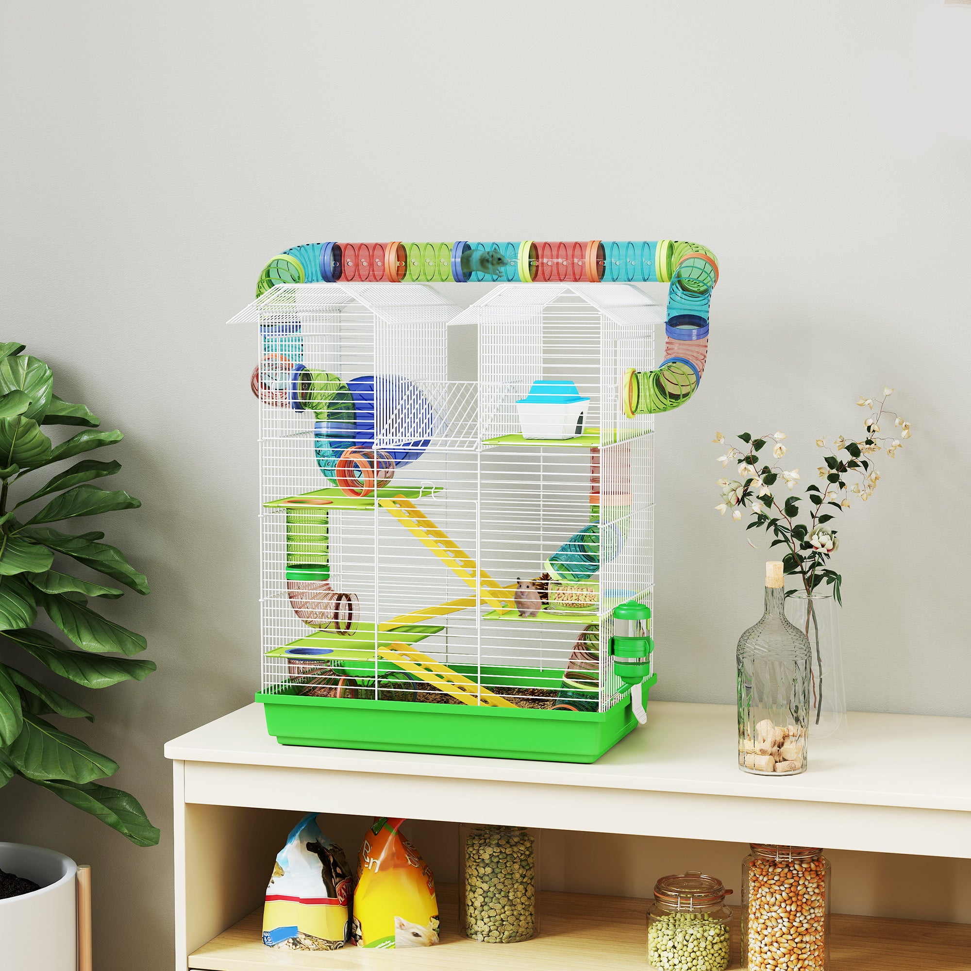 Hamster Cage, 5 Tier Carrier Habitat with Exercise Wheels Tunnel Tube Water Bottle Dishes House Ladder, Gerbil Cage for Dwarf Mice, Green