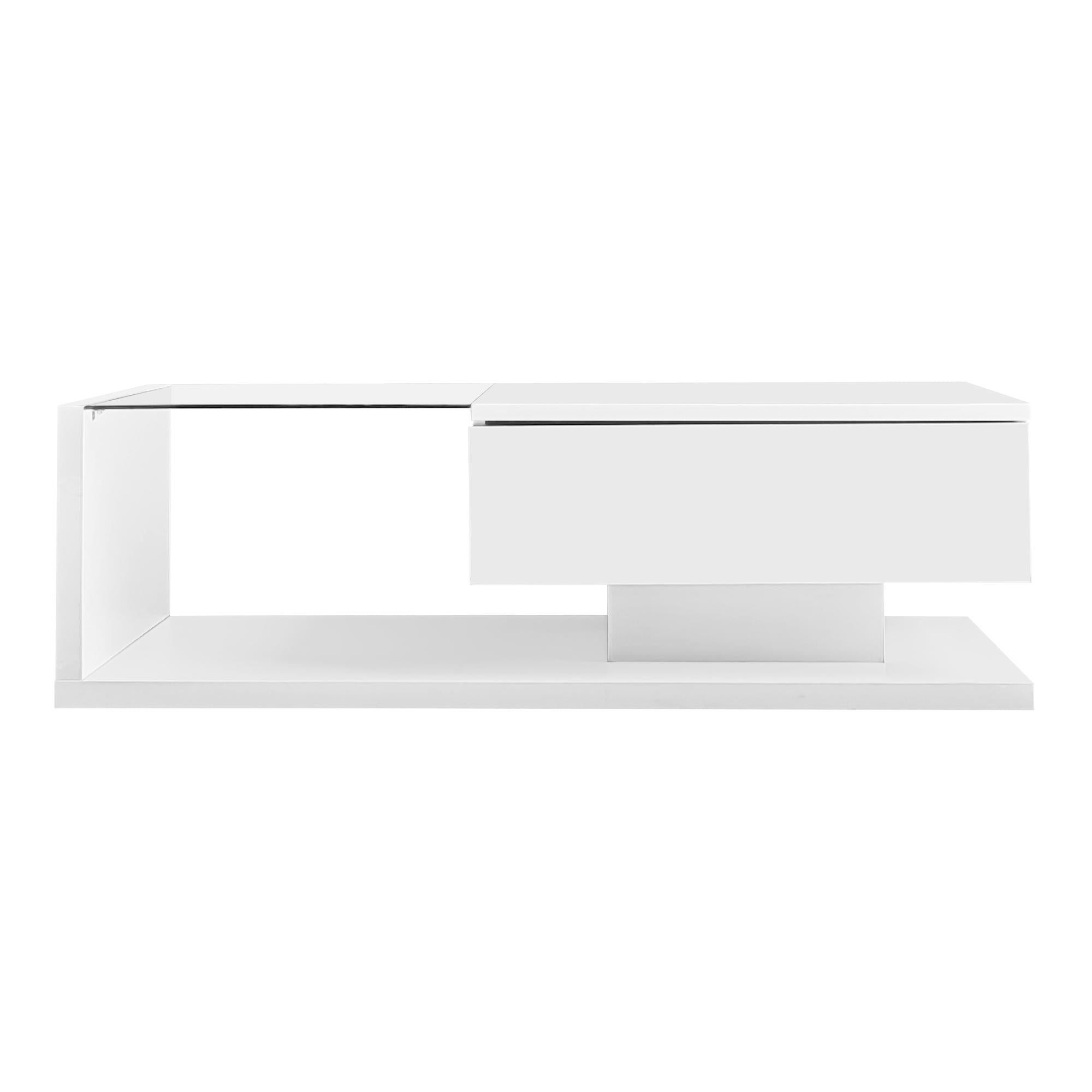 High-Gloss Coffee Table with Glass Top and LED Lights, Sofa Table for Living Room, 105L x 55W x 32.5H cm, White