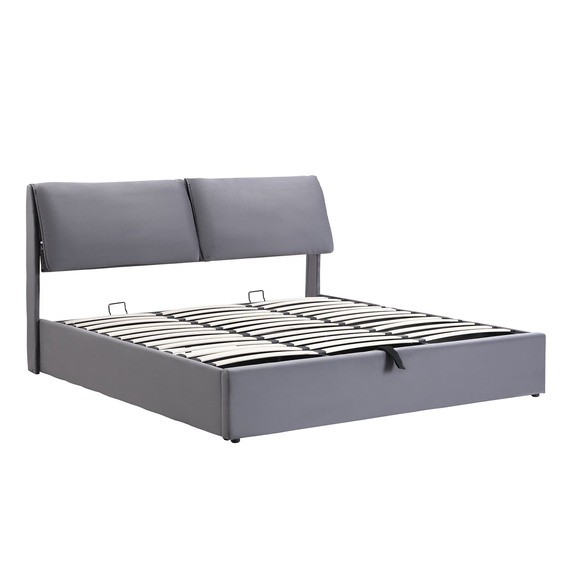 King Size Upholstered Bed with Hydraulic Storage and 3 Drawers - Grey Velvet