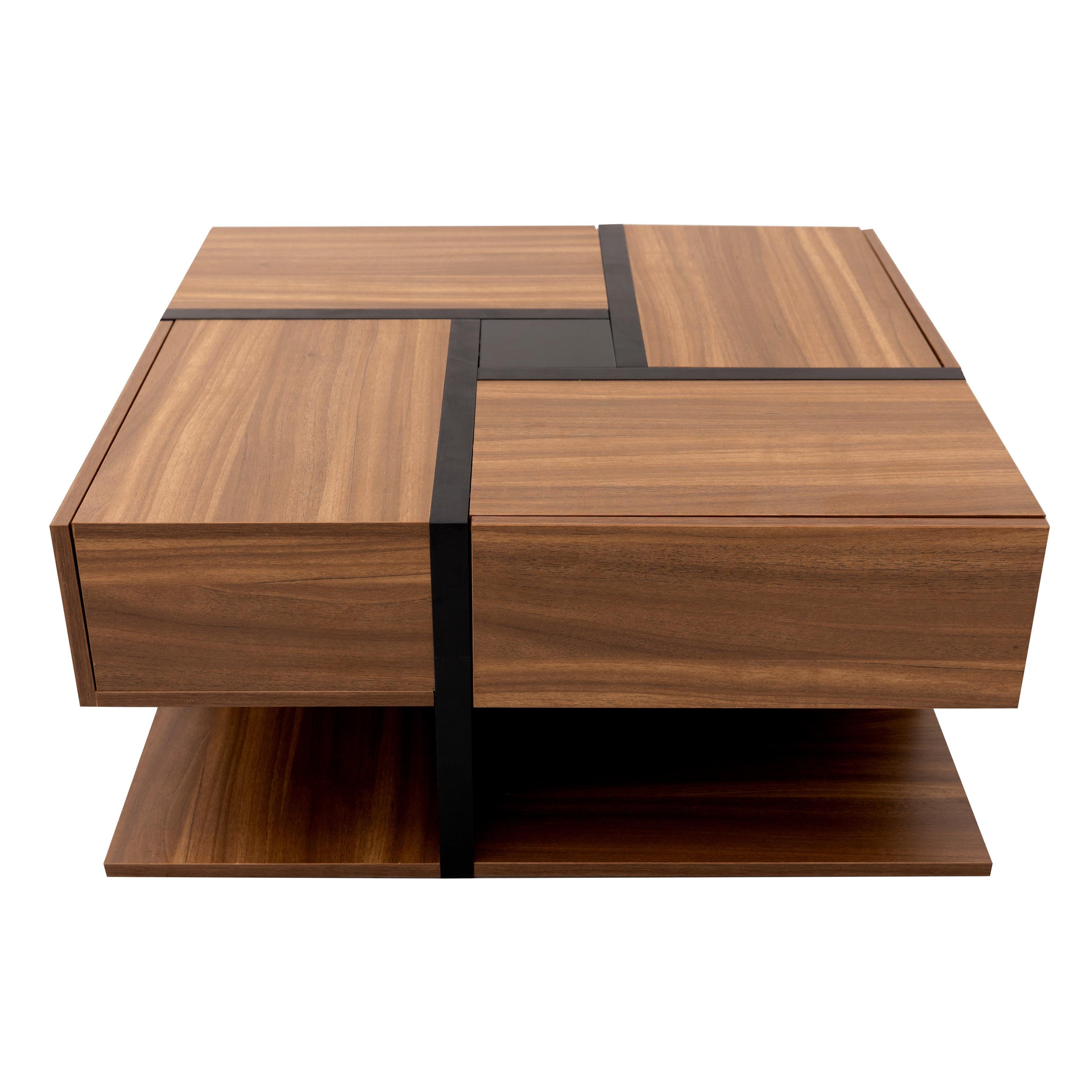 Square Coffee Table with 4 Drawers, Unique Pattern, Bottom Storage, 78L x 78W x 36H cm, Natural