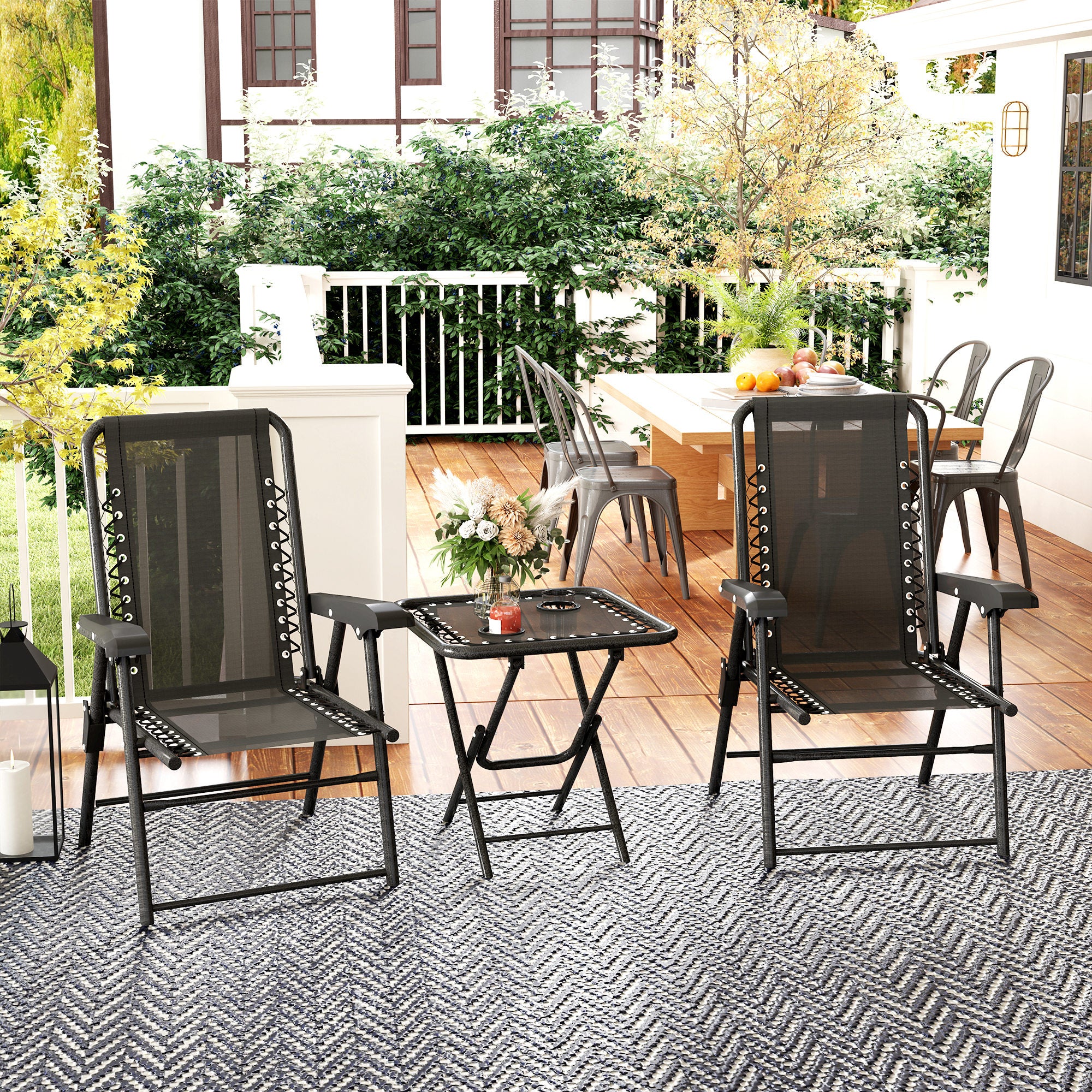 3 Piece Folding Garden Table and Armchair Set with Texteline Fabric - Black