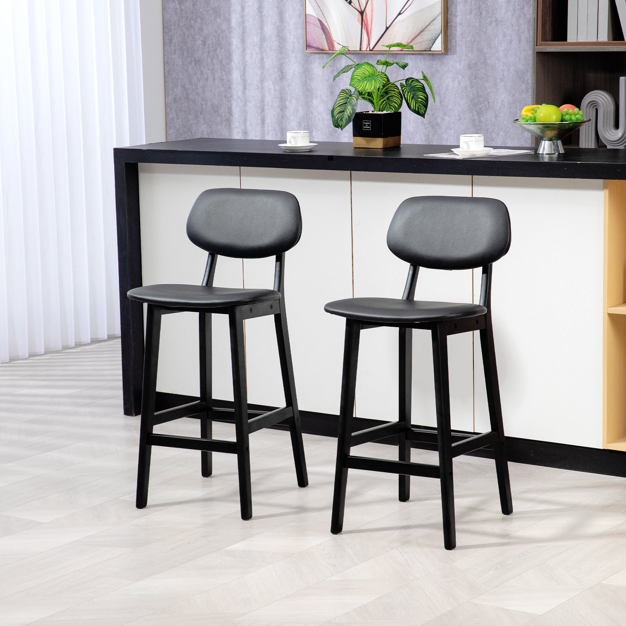 Set of 2 Wooden Classic Bar Stools with Faux Leather Seats - Black