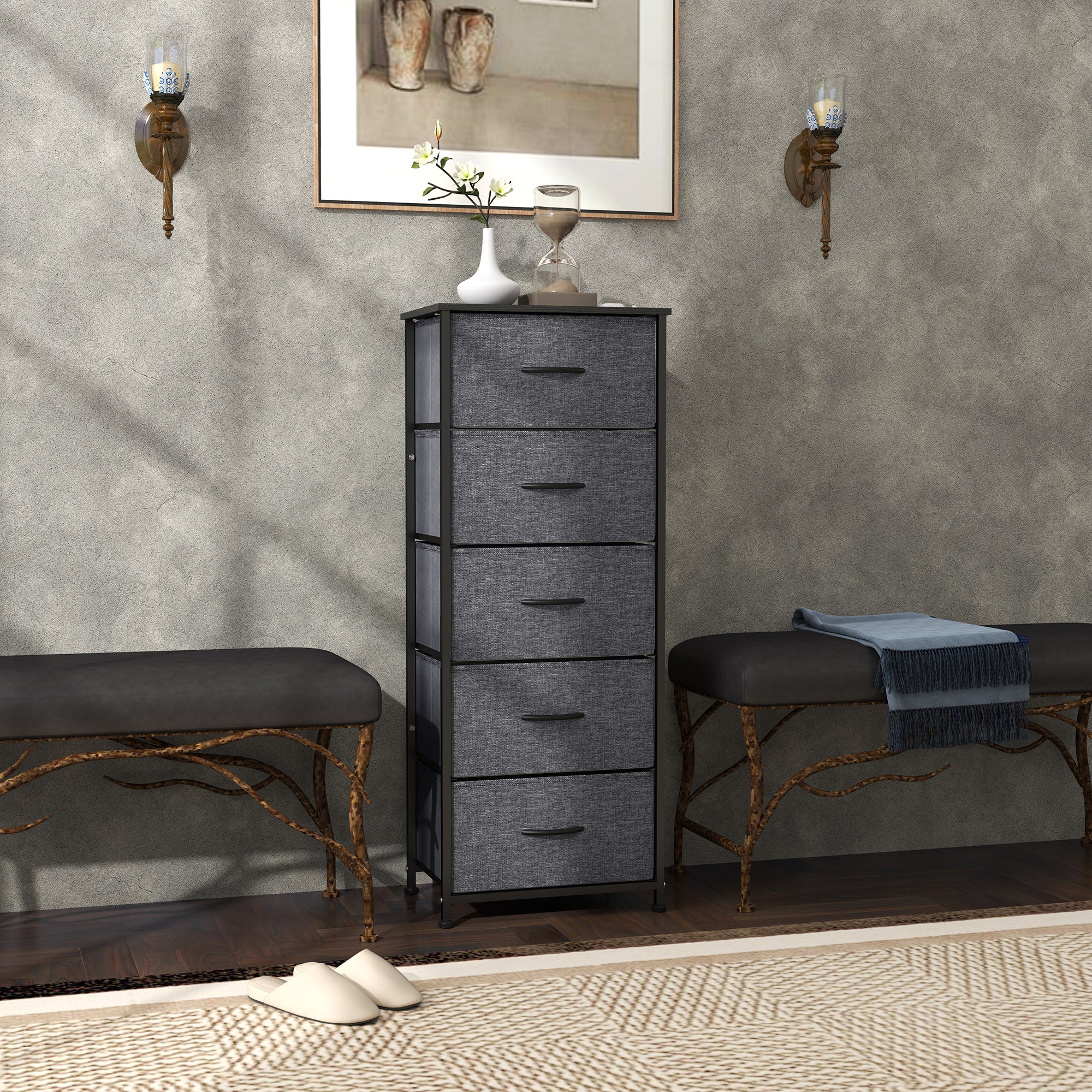 Fabric Chest of Drawers with 5 Storage Drawers, Steel Frame & Wooden Top - Dark Grey