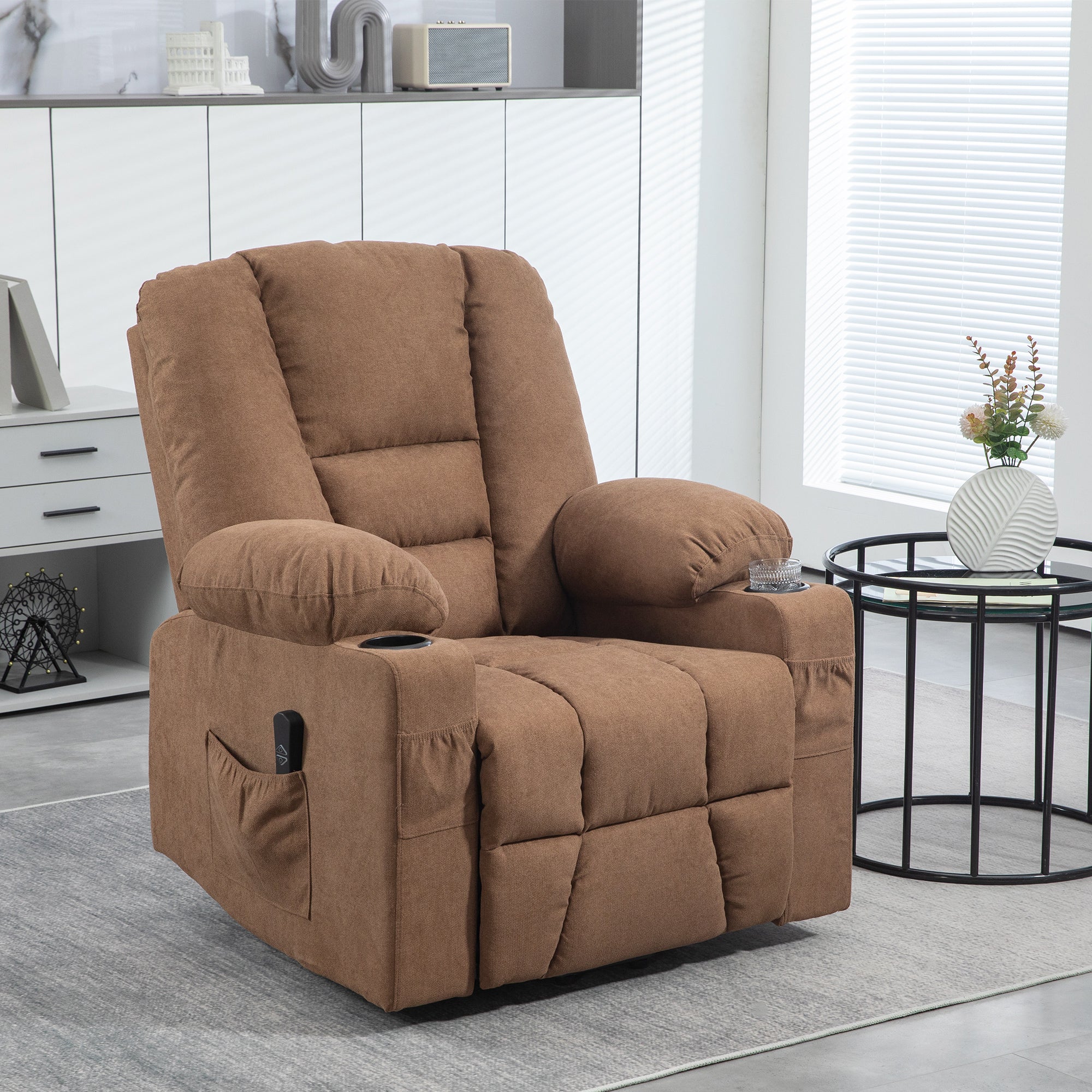 Oversized Power Lift Riser Recliner Chair with Cup Holders – Brown Linen Look