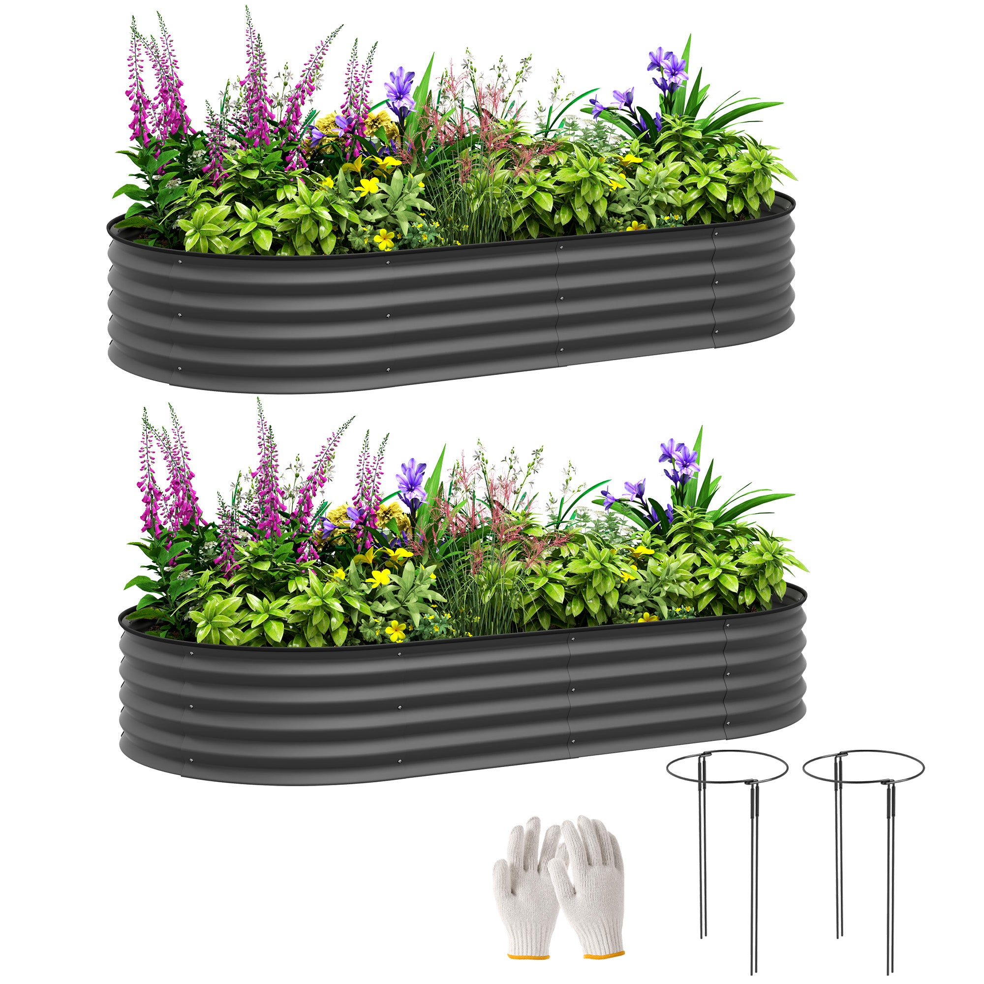Set of 2 Galvanised Steel Raised Planters with Open Bottom - Dark Grey